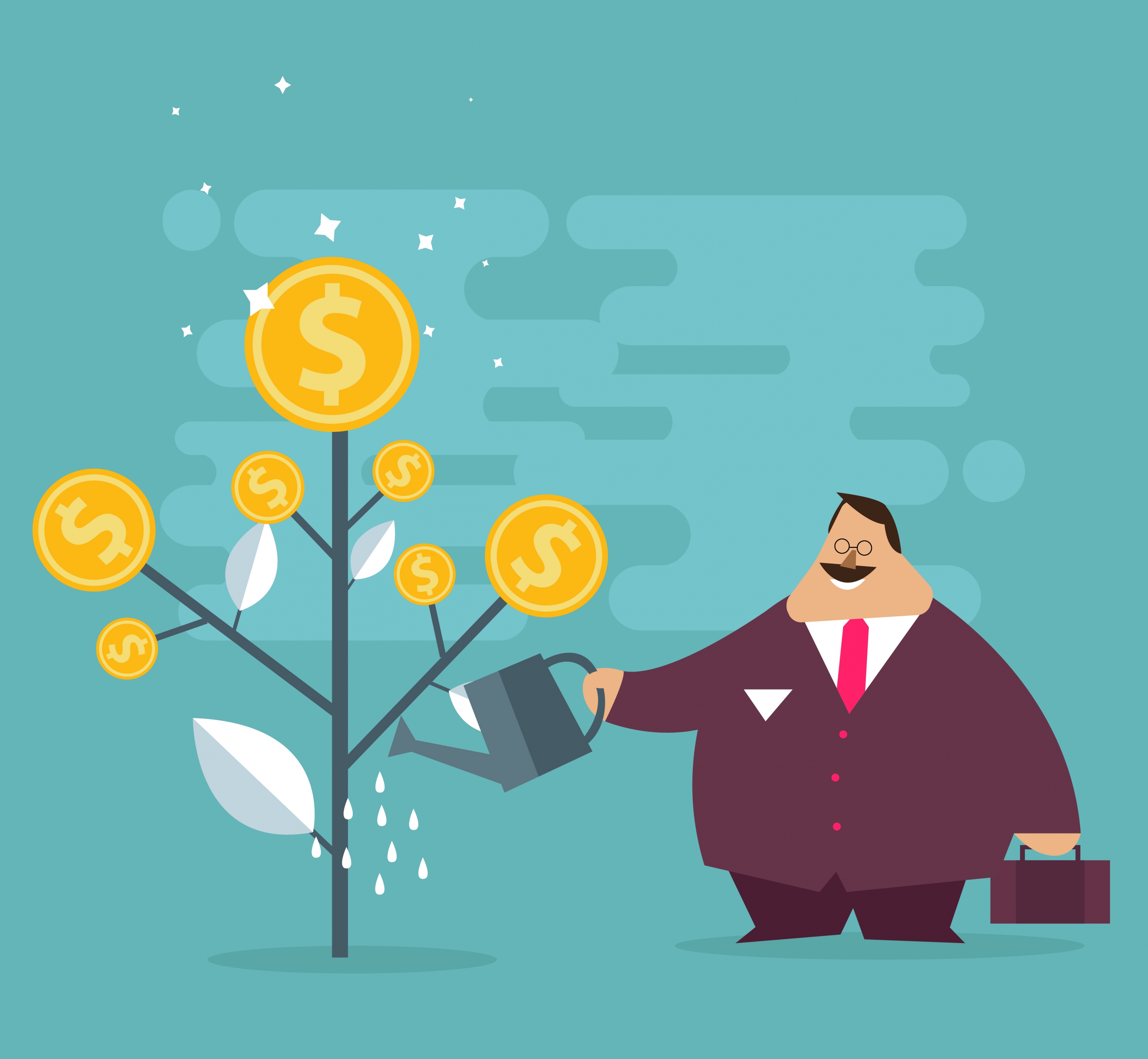 investment background fat man tree gold coins icons