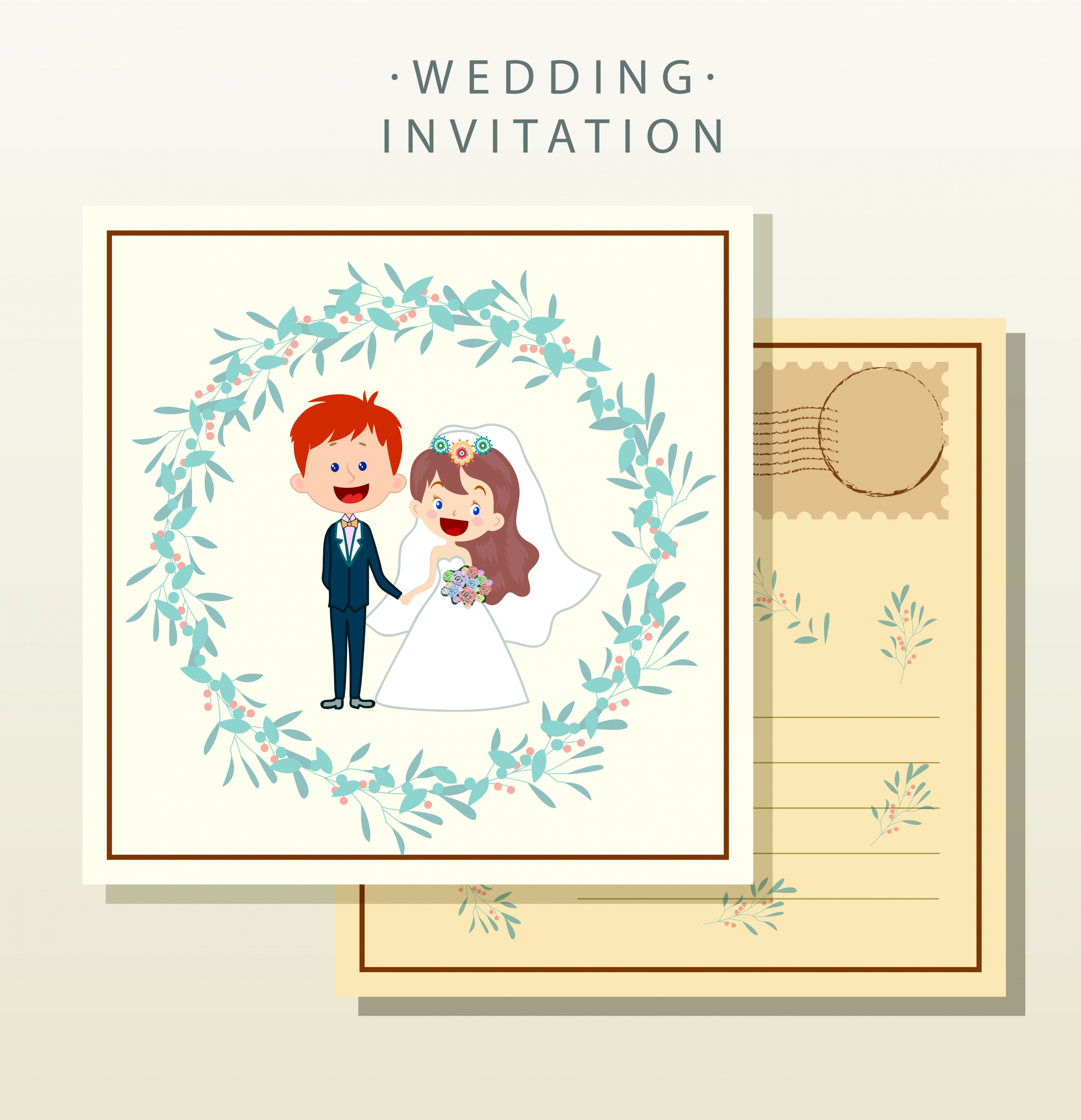 wedding card template groom bride icons classical decor