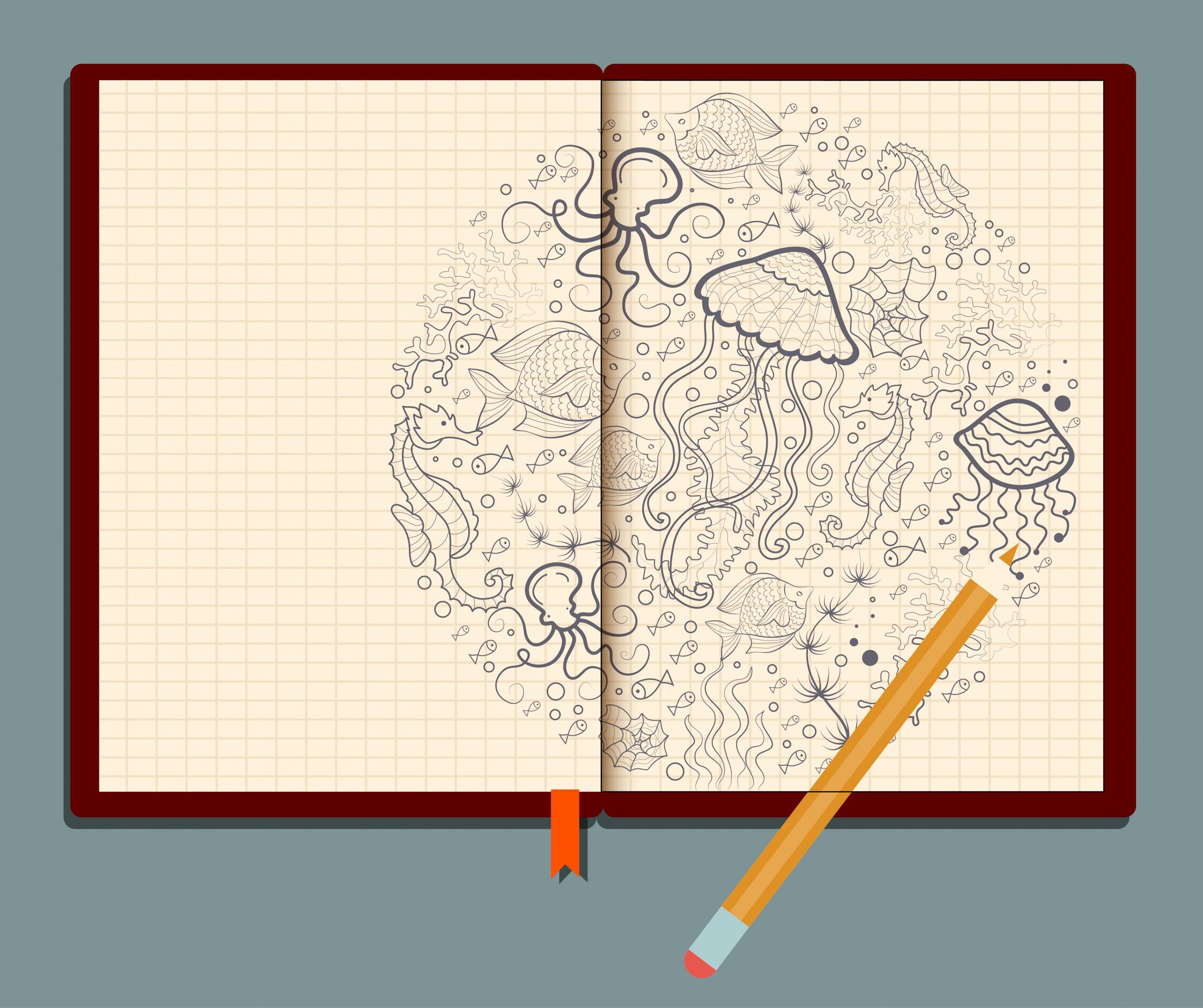 marine creature drawing notebook background realistic design