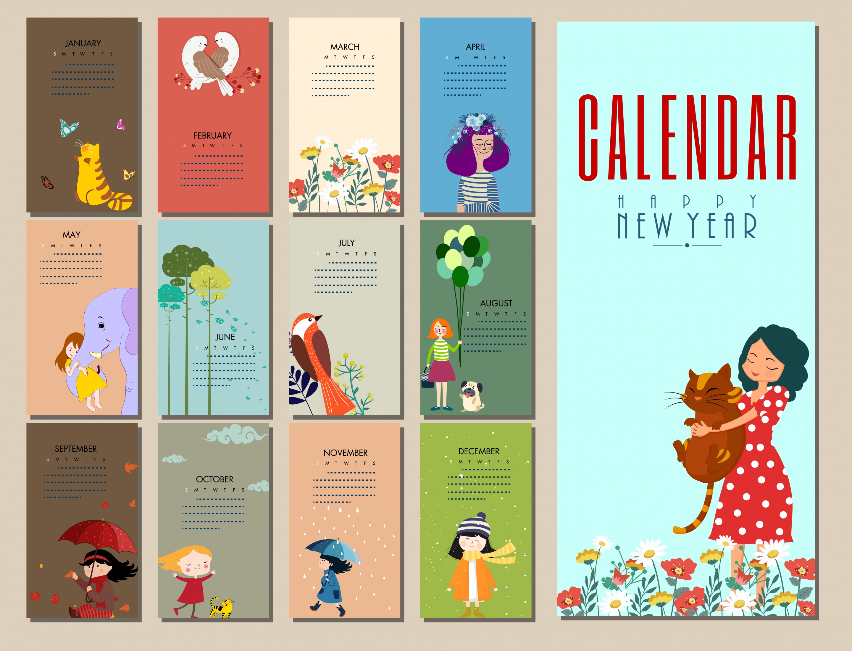 calendar templates woman animals flowers icons cartoon design