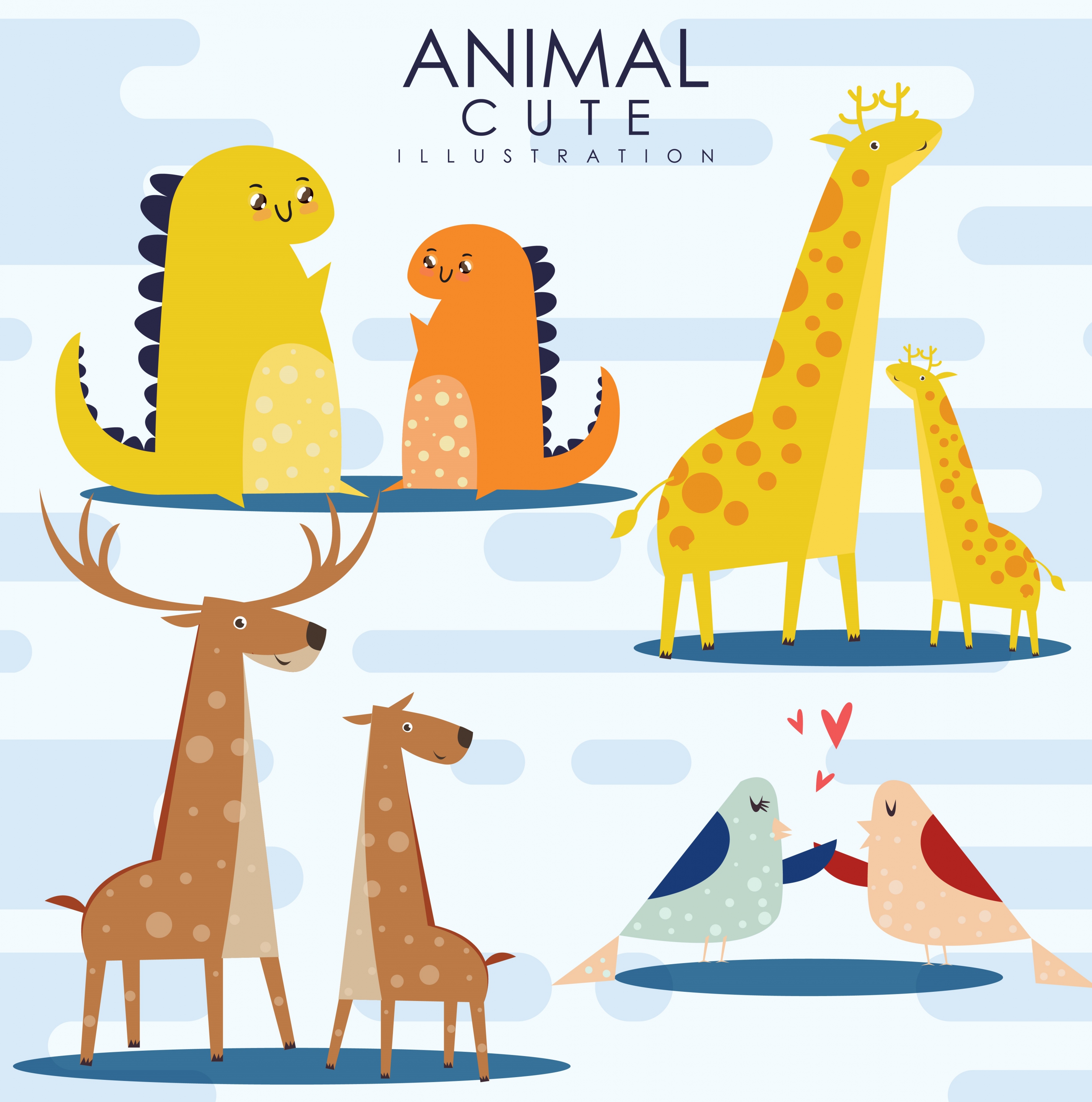 wild animals icons cute dinosaurs giraffes reindeer birds