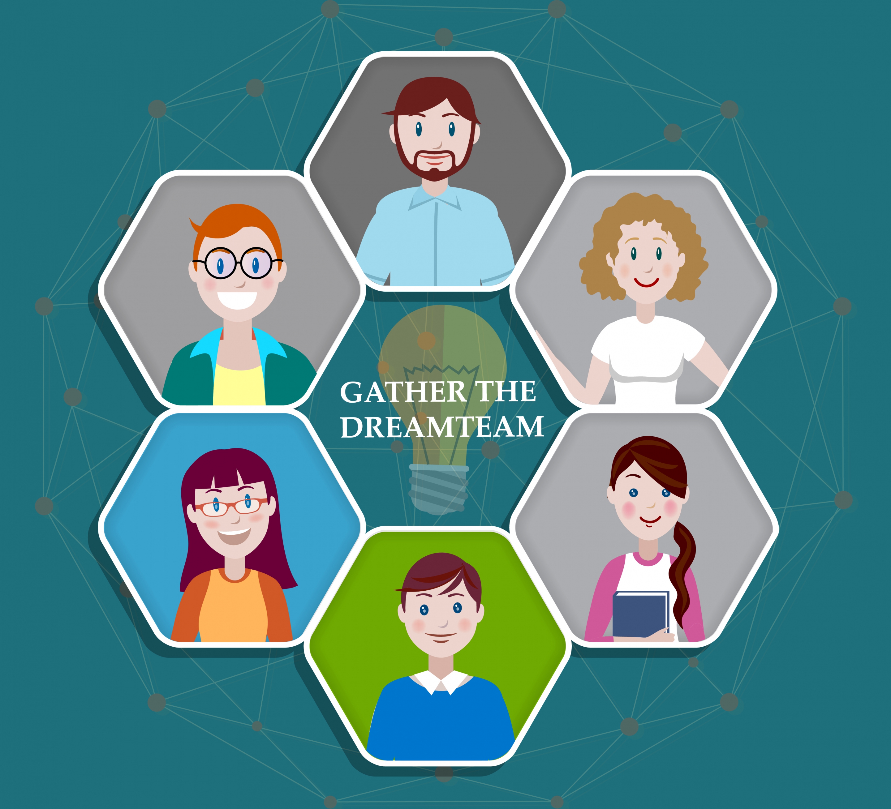 teamwork background human avatar lightbulb icons polygonal layout