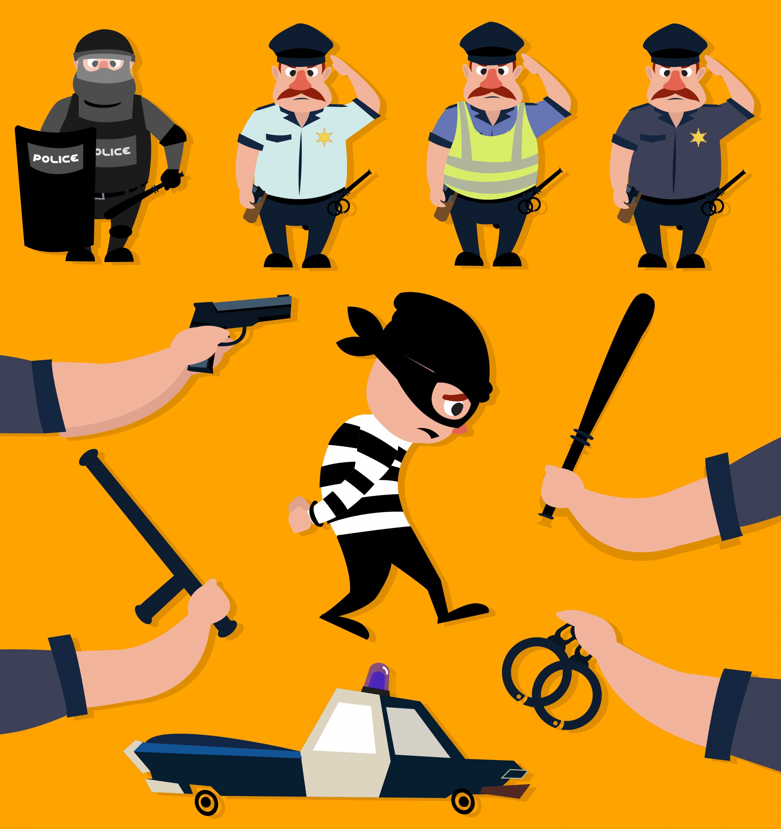 police teamwork design elements criminal tools colored cartoon