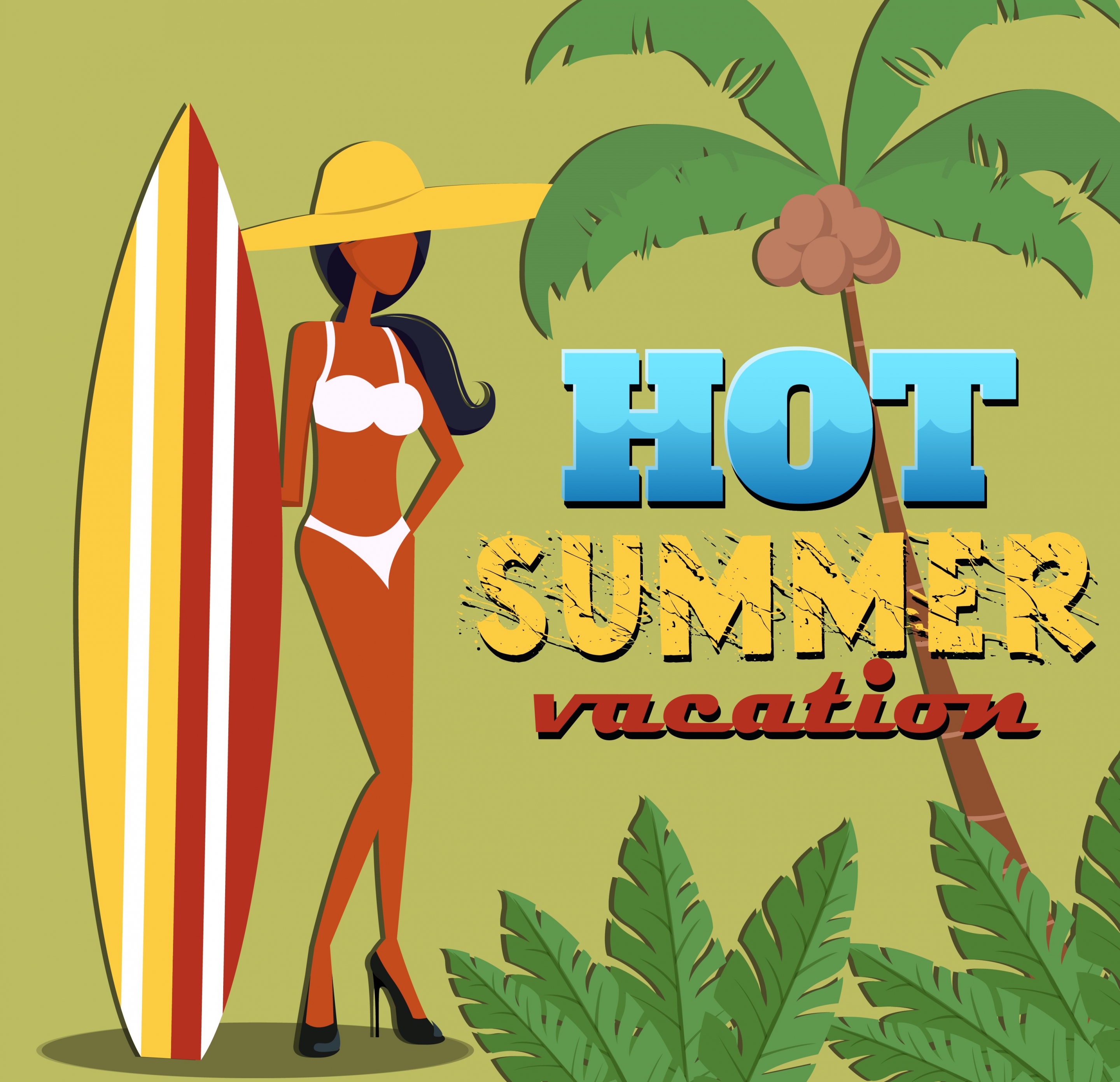 summer vacation poster bikini woman coconut surfboard icons