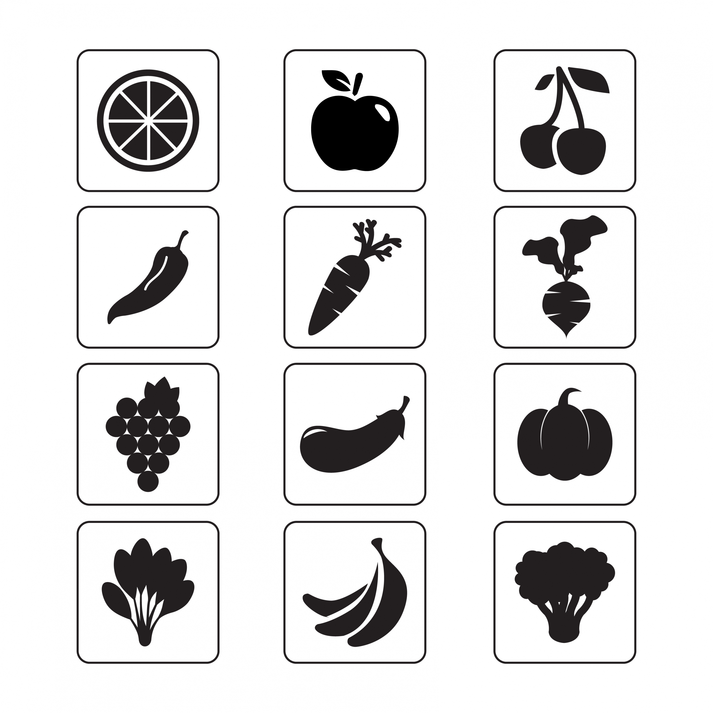 vegetable and fruit icons isolation black silhouettes sketch