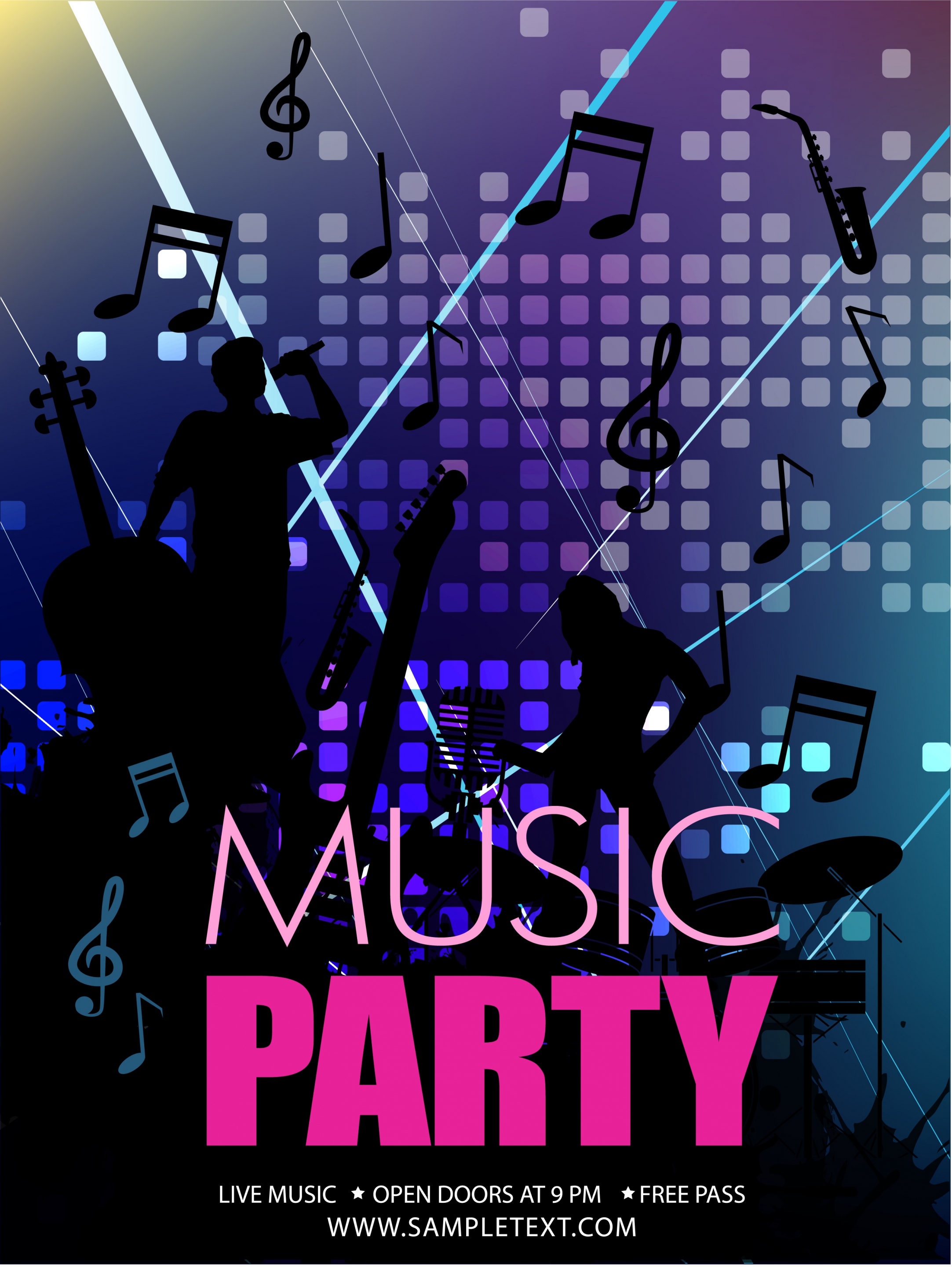 music party banner singers silhouettes music notes icons