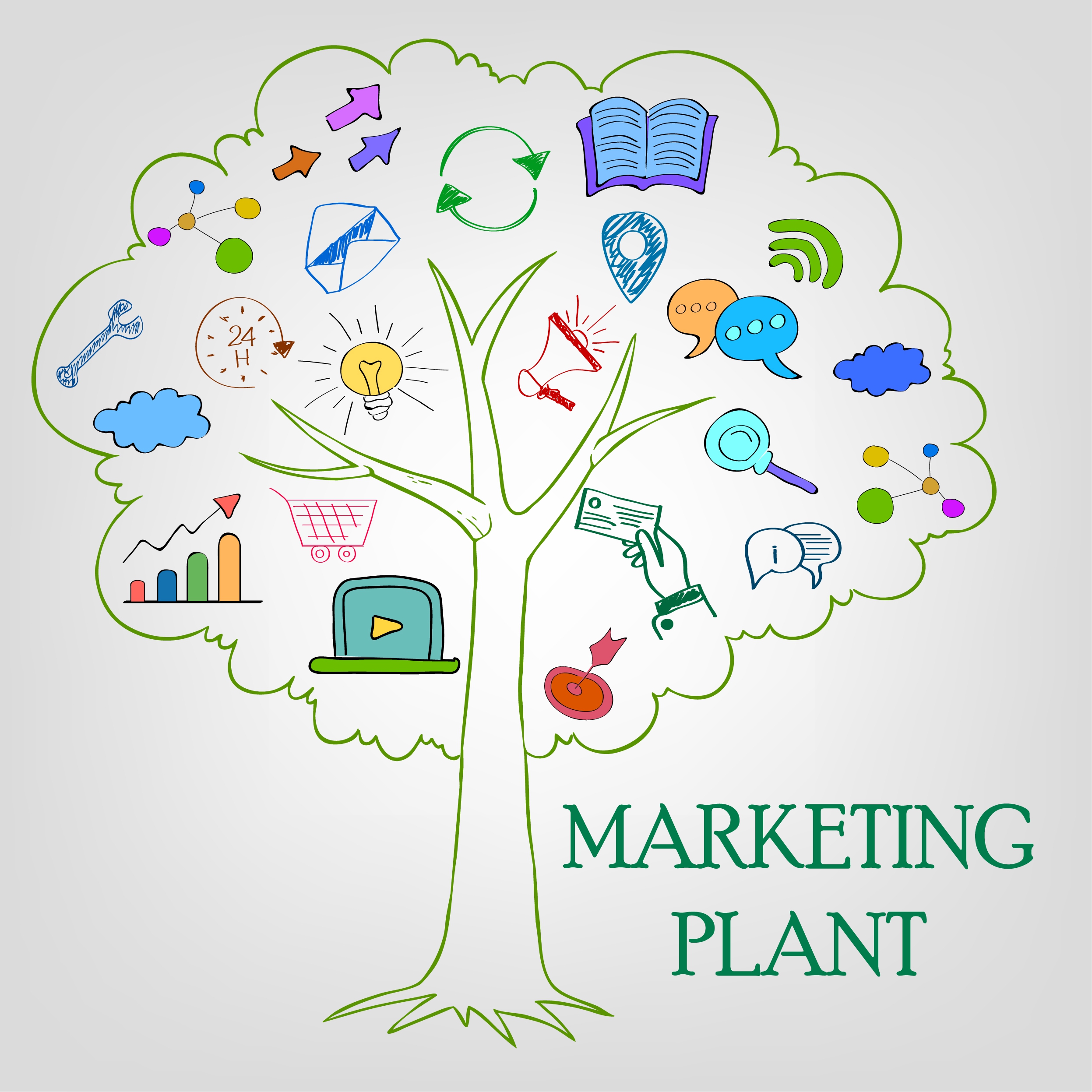 marketing plant concept colored handdrawn style flat symbols