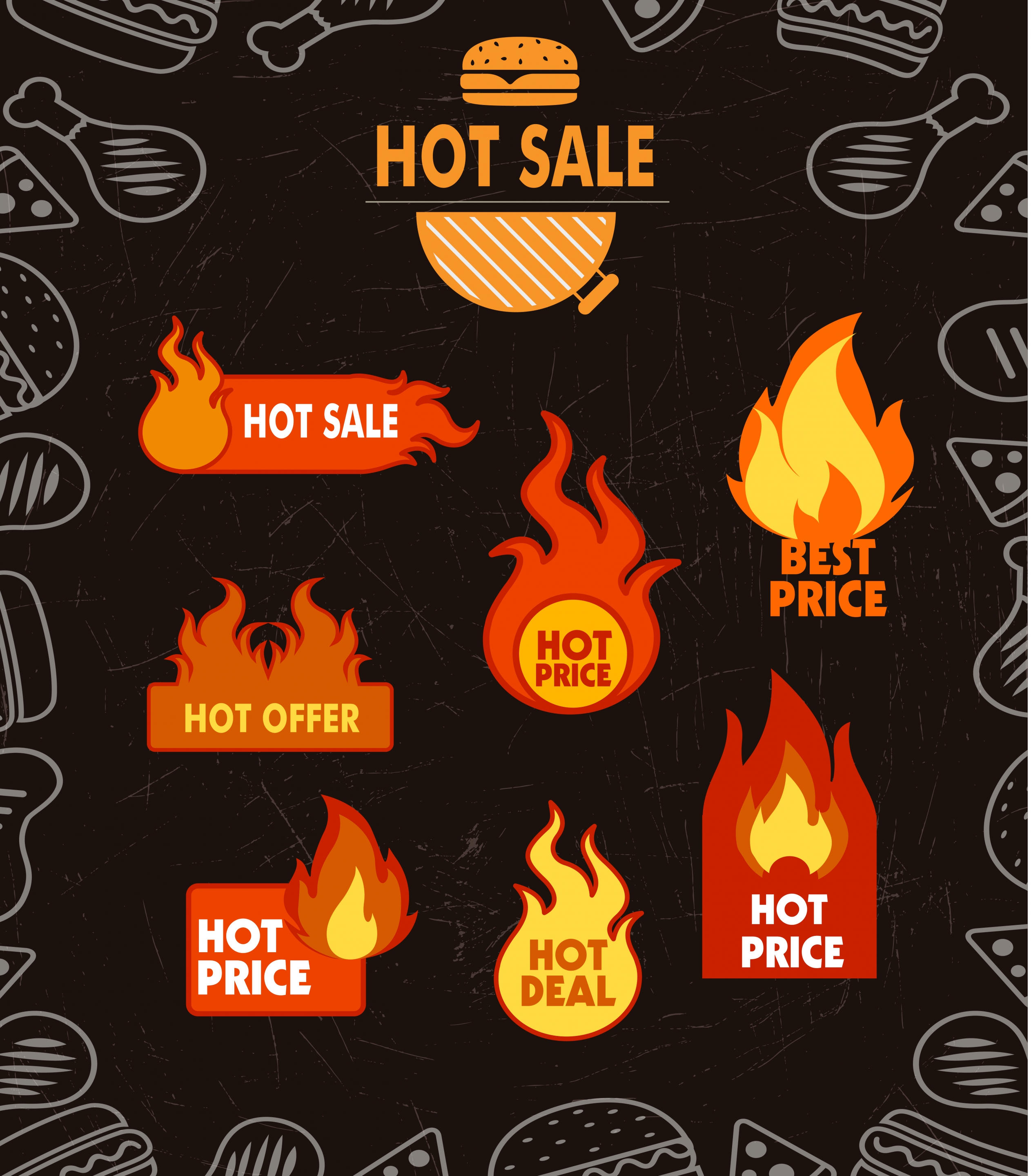 sale banner fire fast food icons ornament