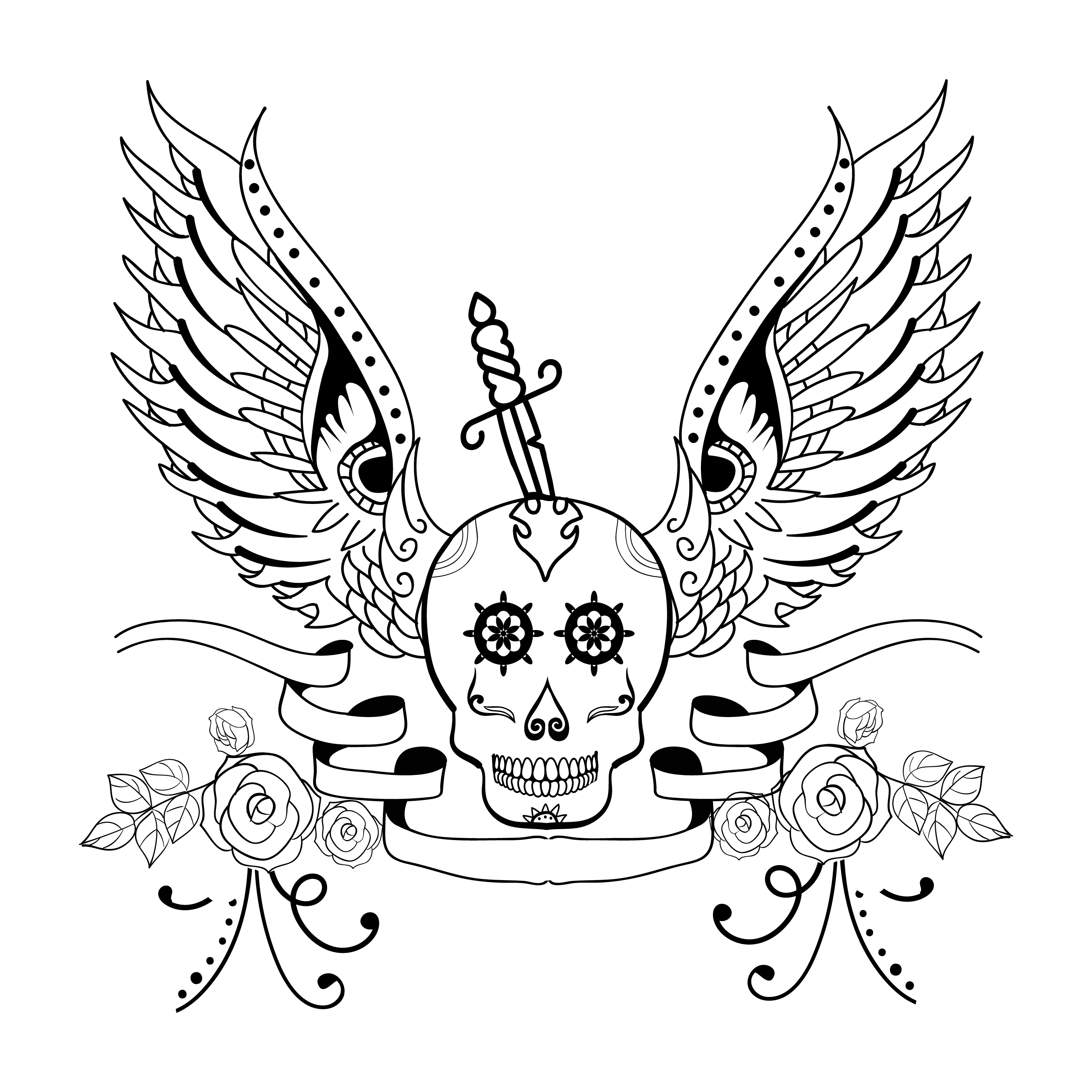 tattoo icon sketch skull wings sword decoration