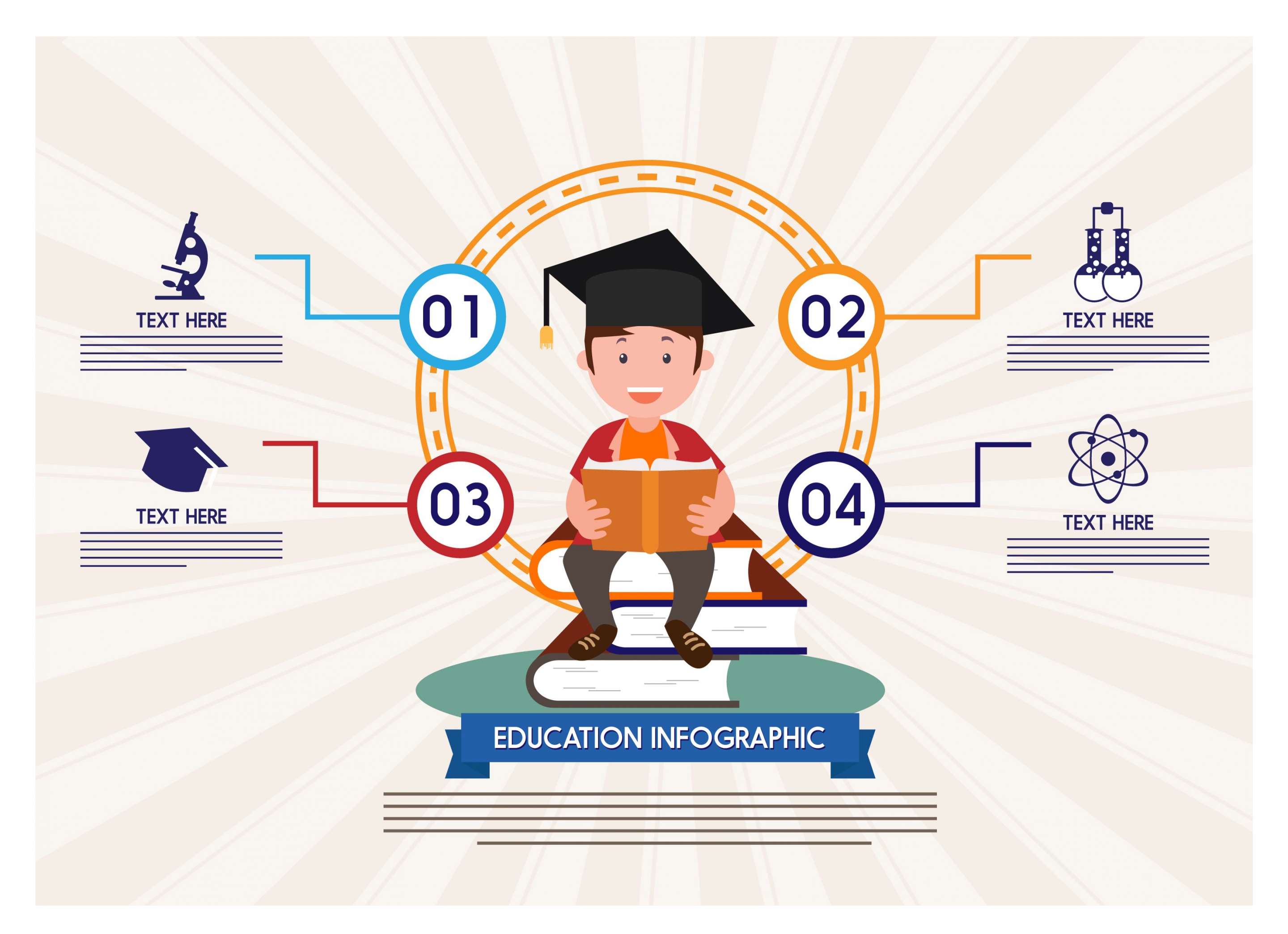 education infographic boy sitting on books stack design