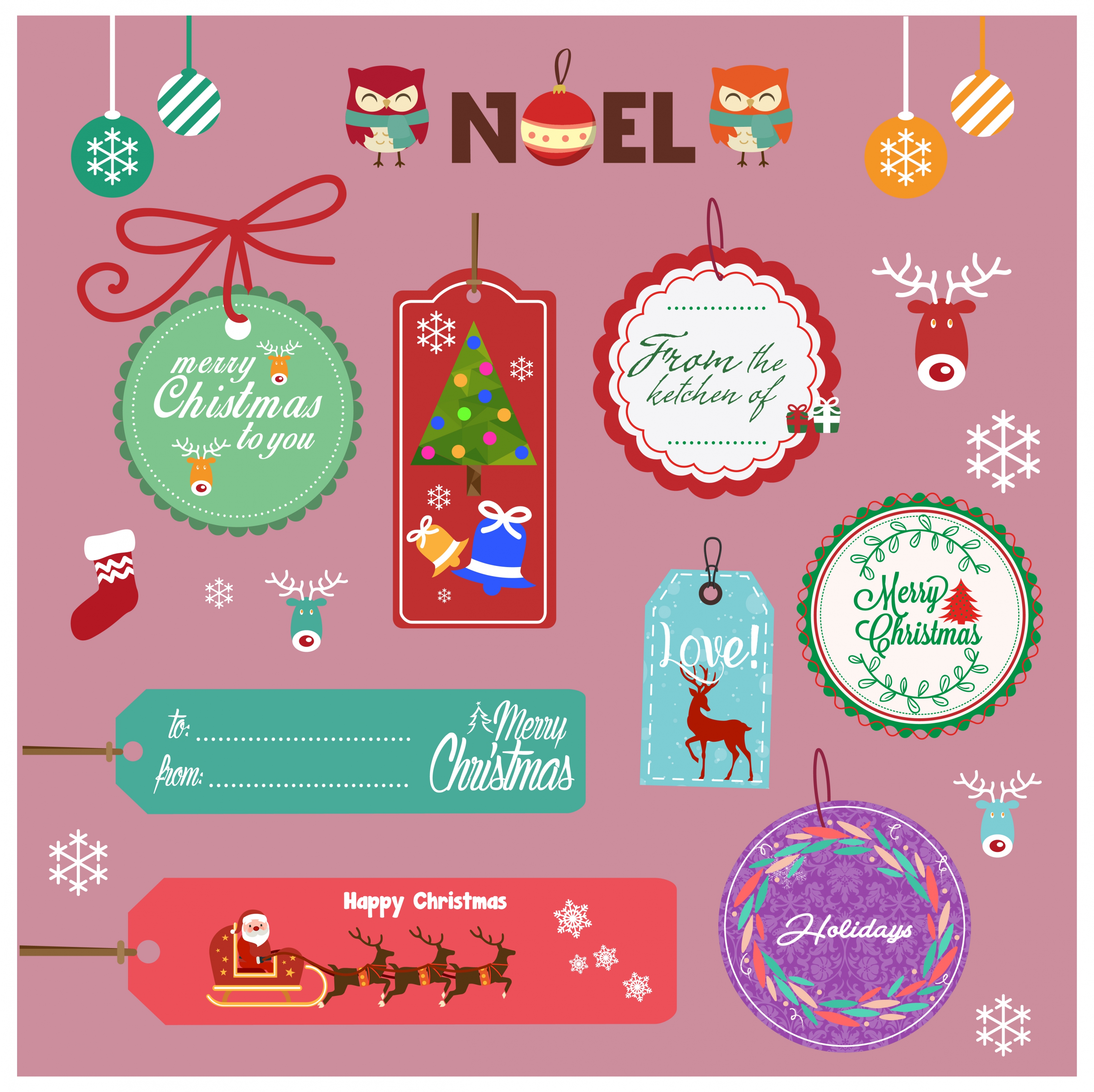 christmas tags isolation with with various colored icons