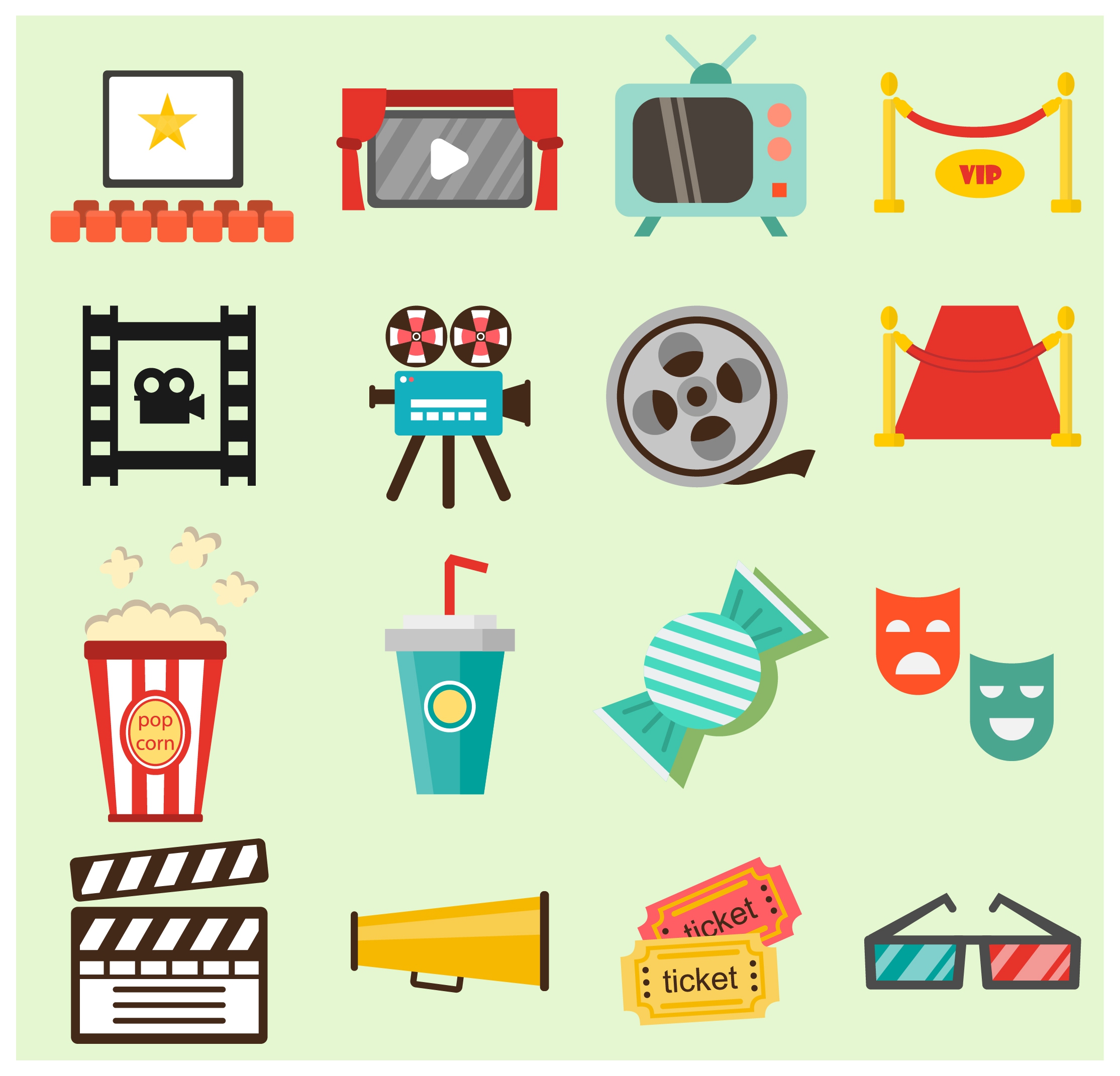 movie film icons illustration with colored flat style