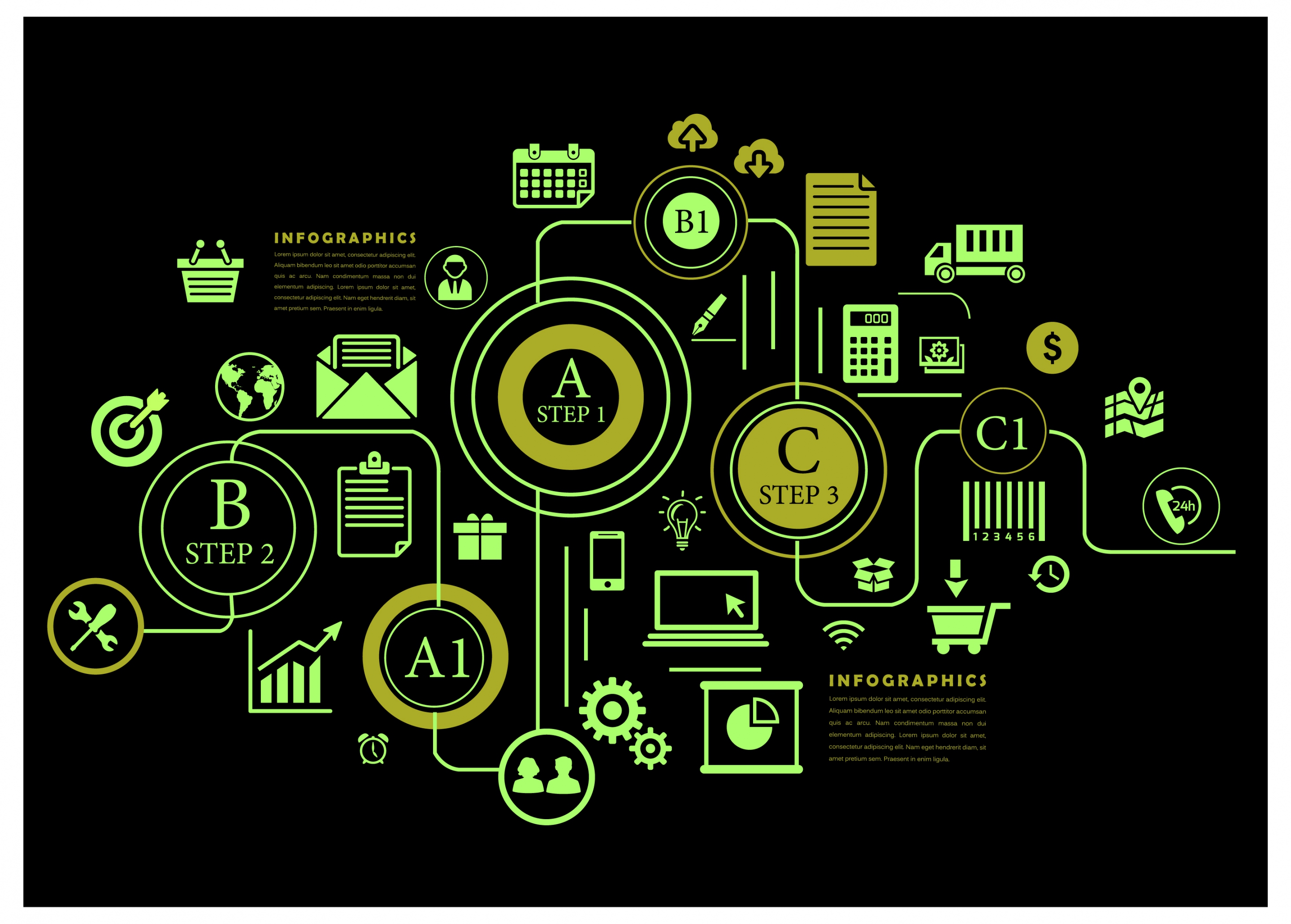 business infographic design with diagram on dark background