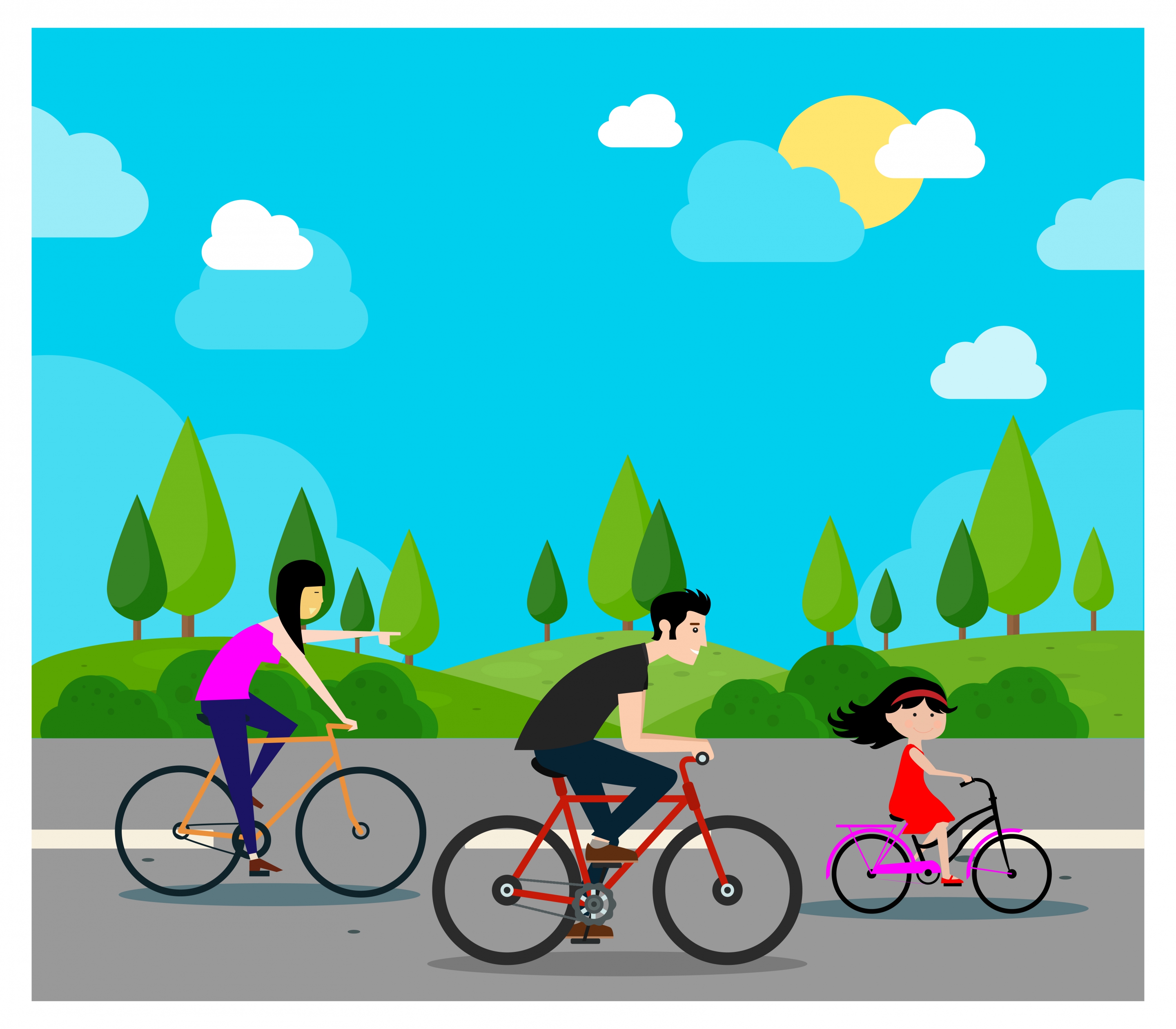 family happy vector illustration with bicycle riding activity