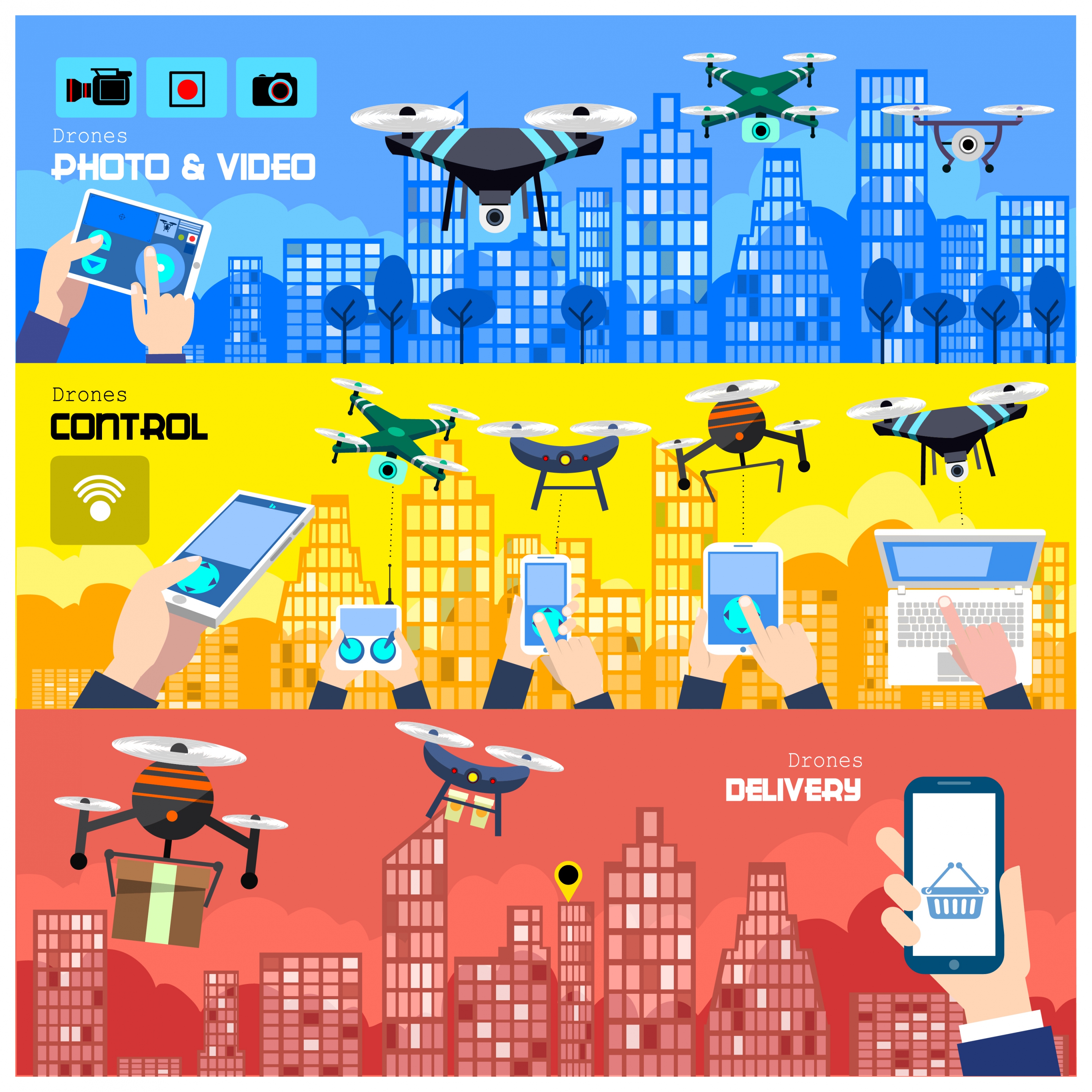 drones promotion banners illustration with application concepts