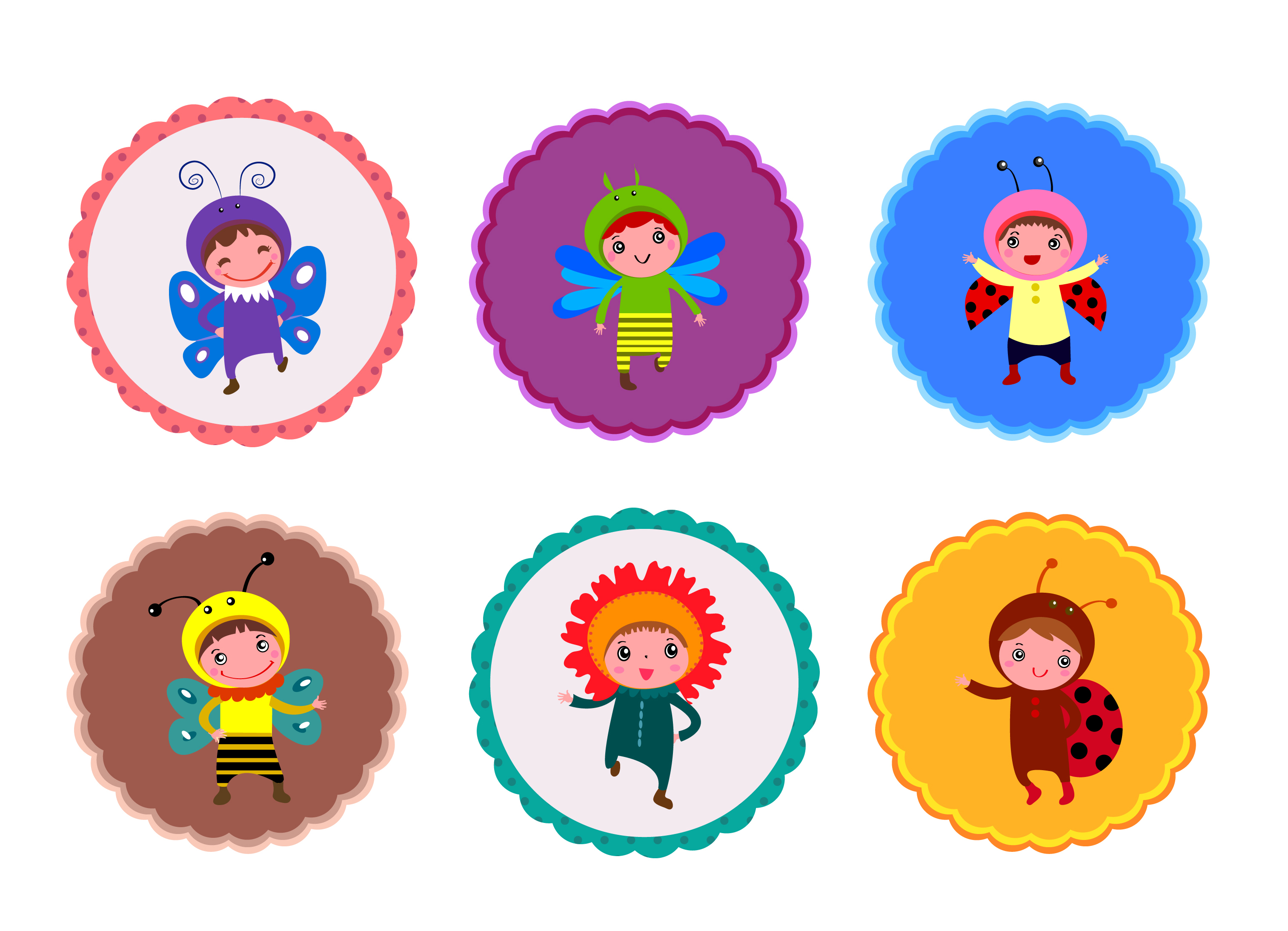 cute children wearing insect costumes vector illustration sets