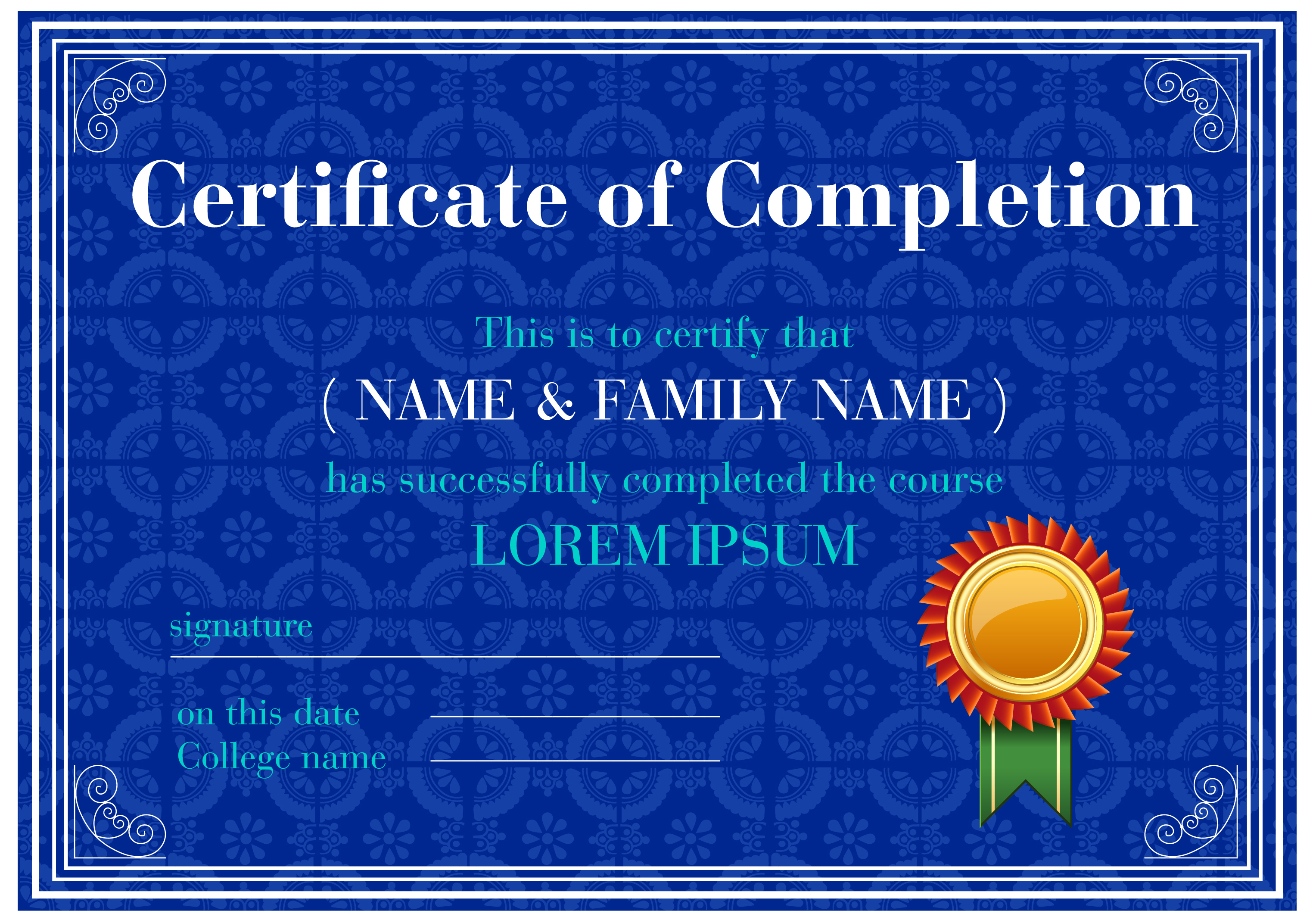 completion certificate illustrations with blue vignette background