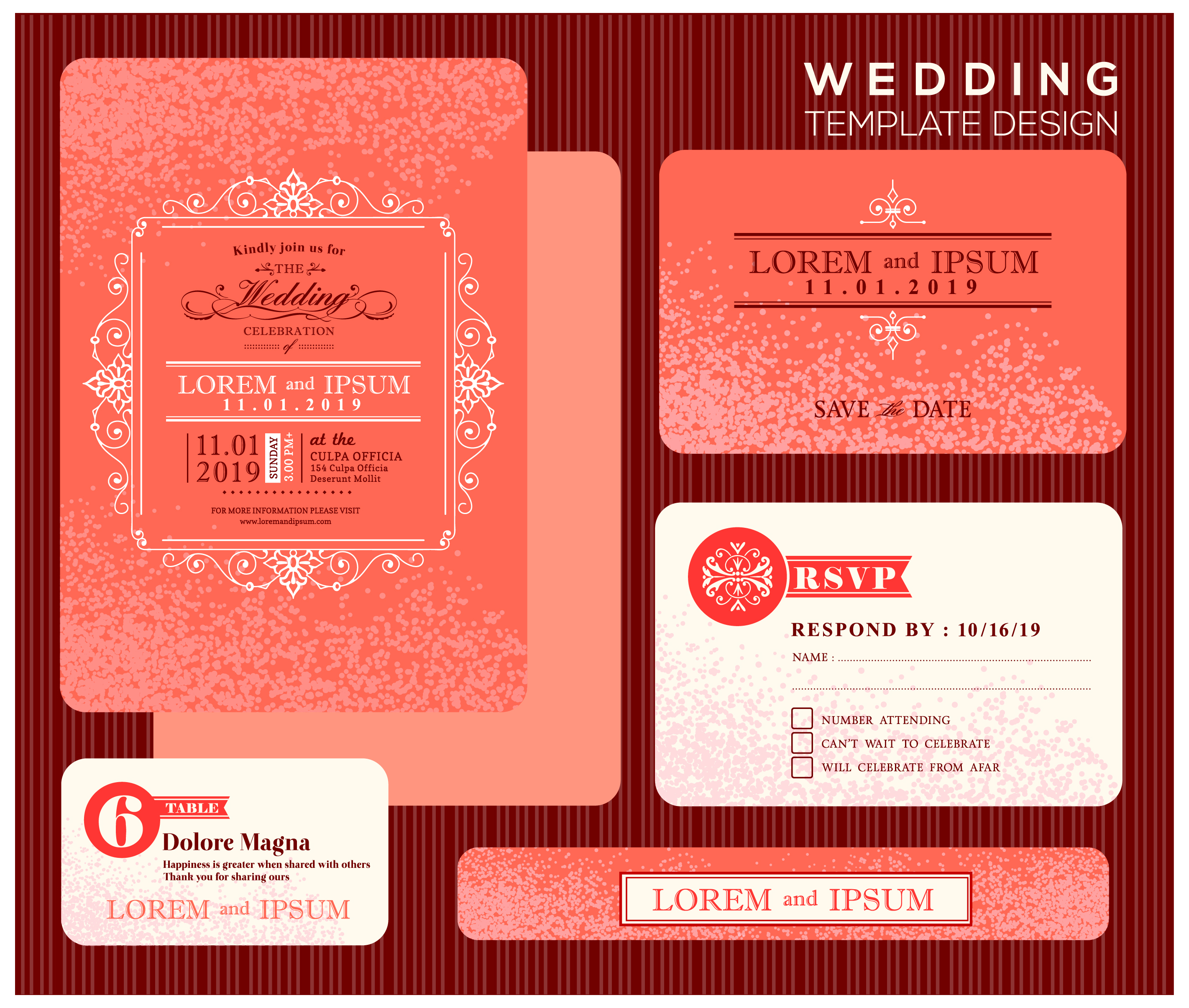 wedding invitation card design with orange bokeh background