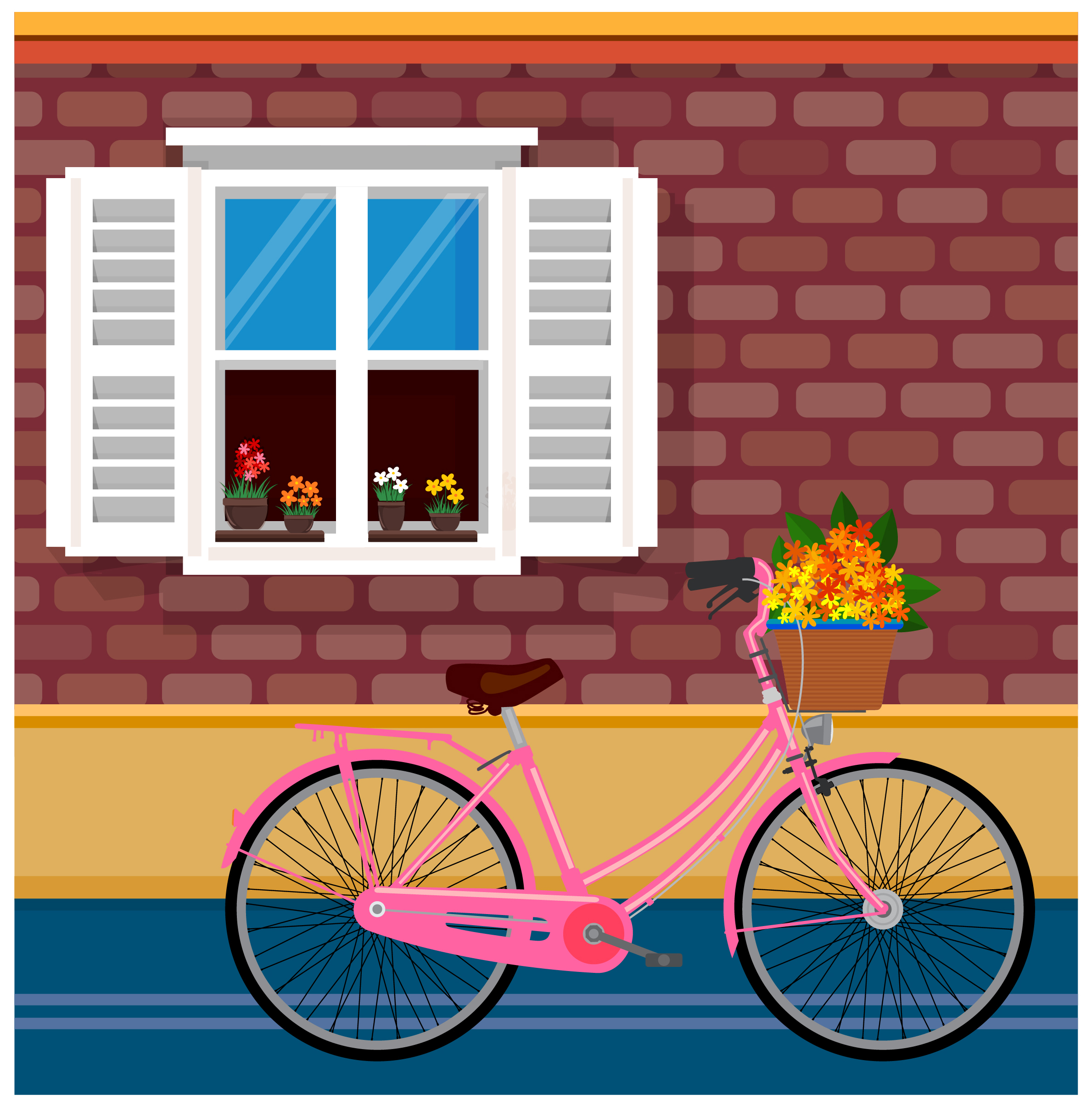 peaceful drawing illustration with flowers bicyle near window