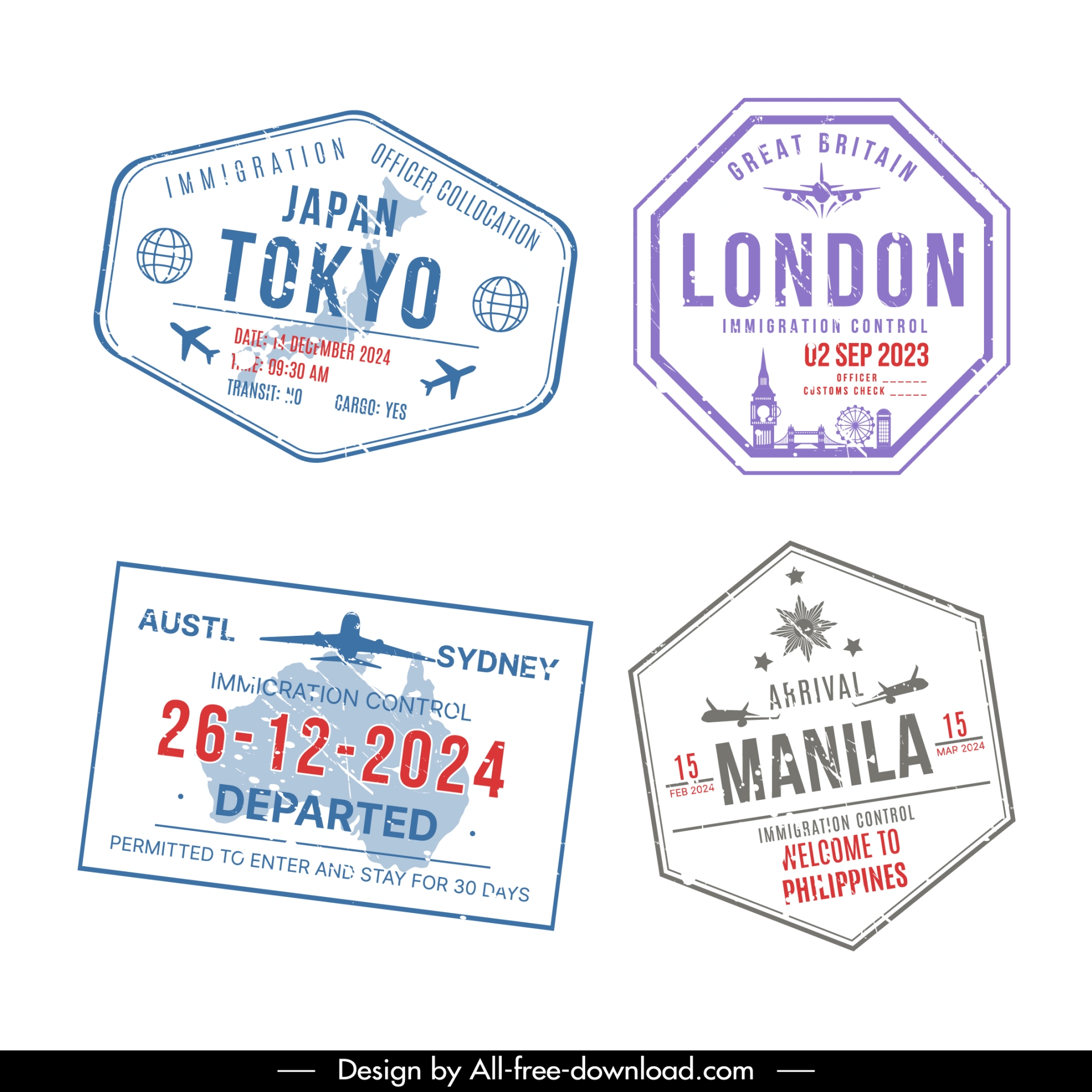 visa stamp templates flat geometric shapes airplane landmark