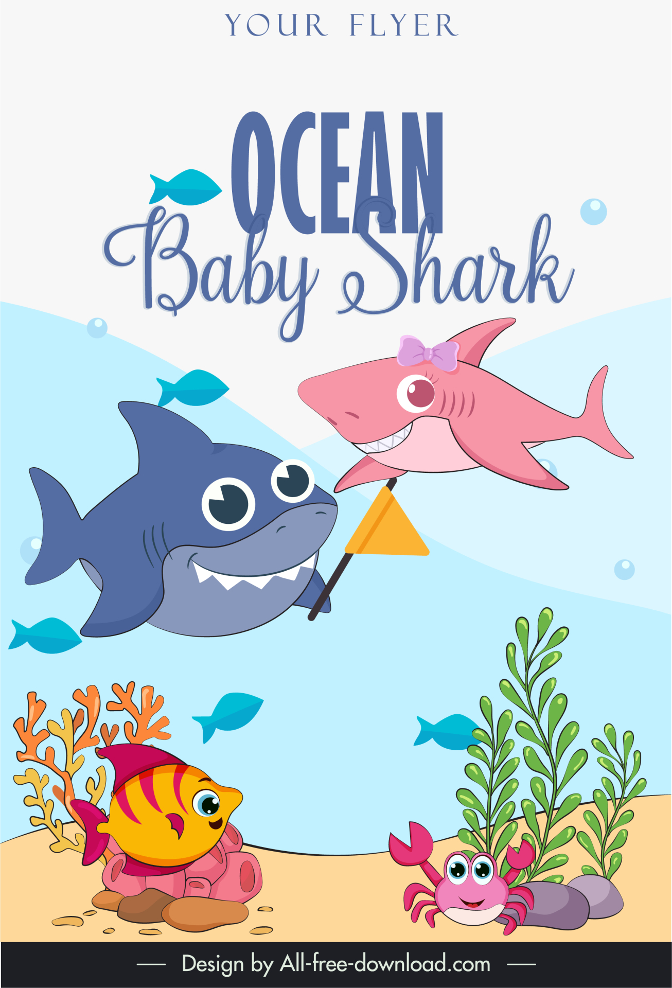 flyer baby shark template cute sea creatures sketch stylized cartoon design 