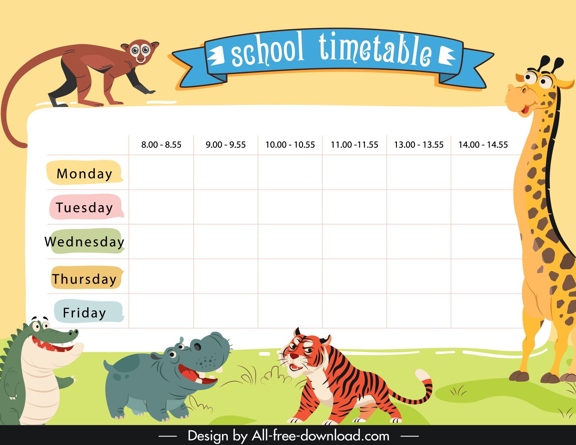 school timetable template cute cartoon giraffe tiger monkey hippo alligator animals species sketch