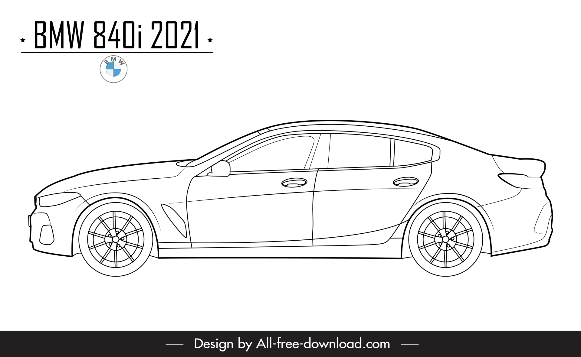 bmw 840i 2021 car model icon flat black white handdrawn side view outline