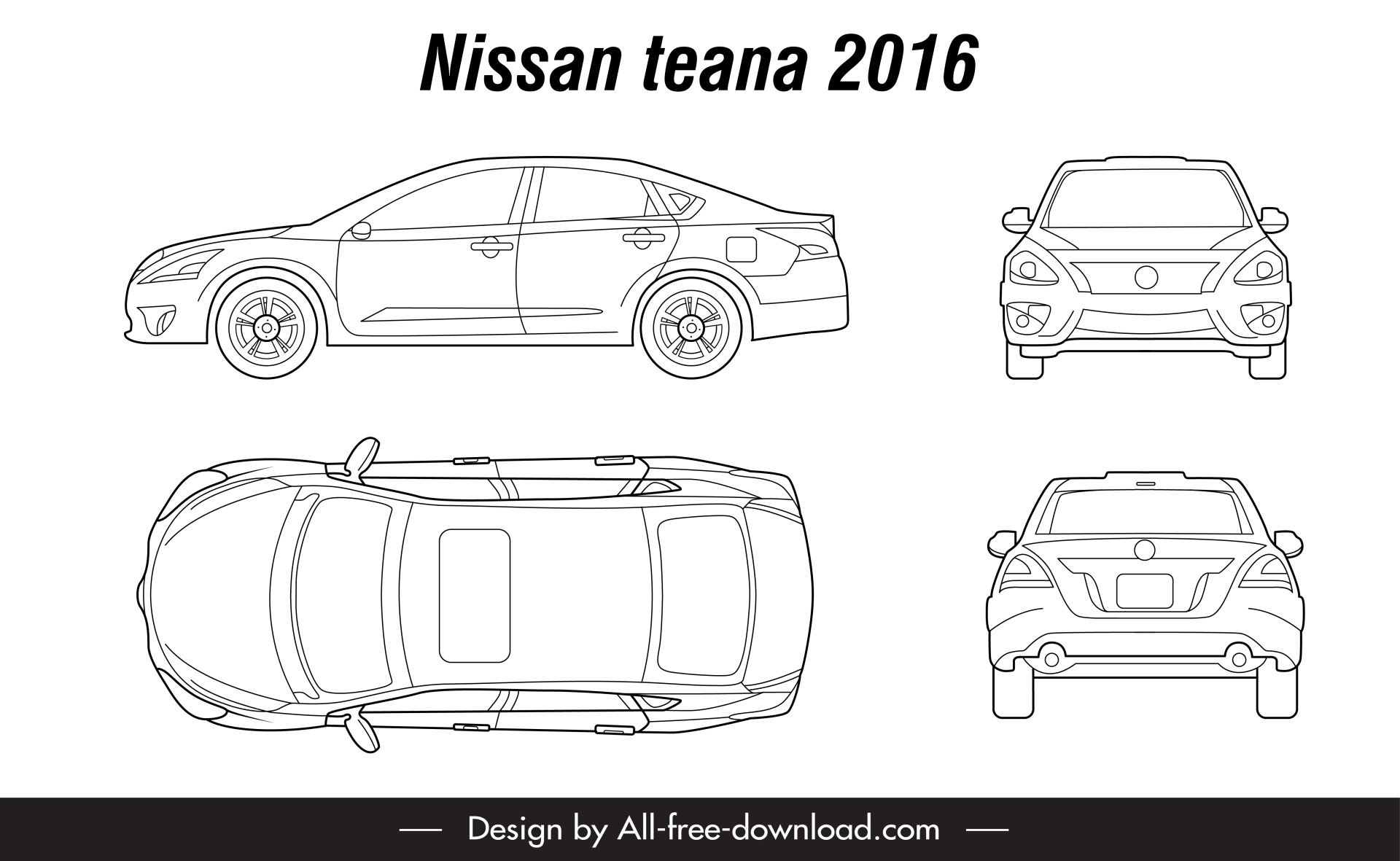 nissan teana 2016 icons black white handdrawn design different sides outline