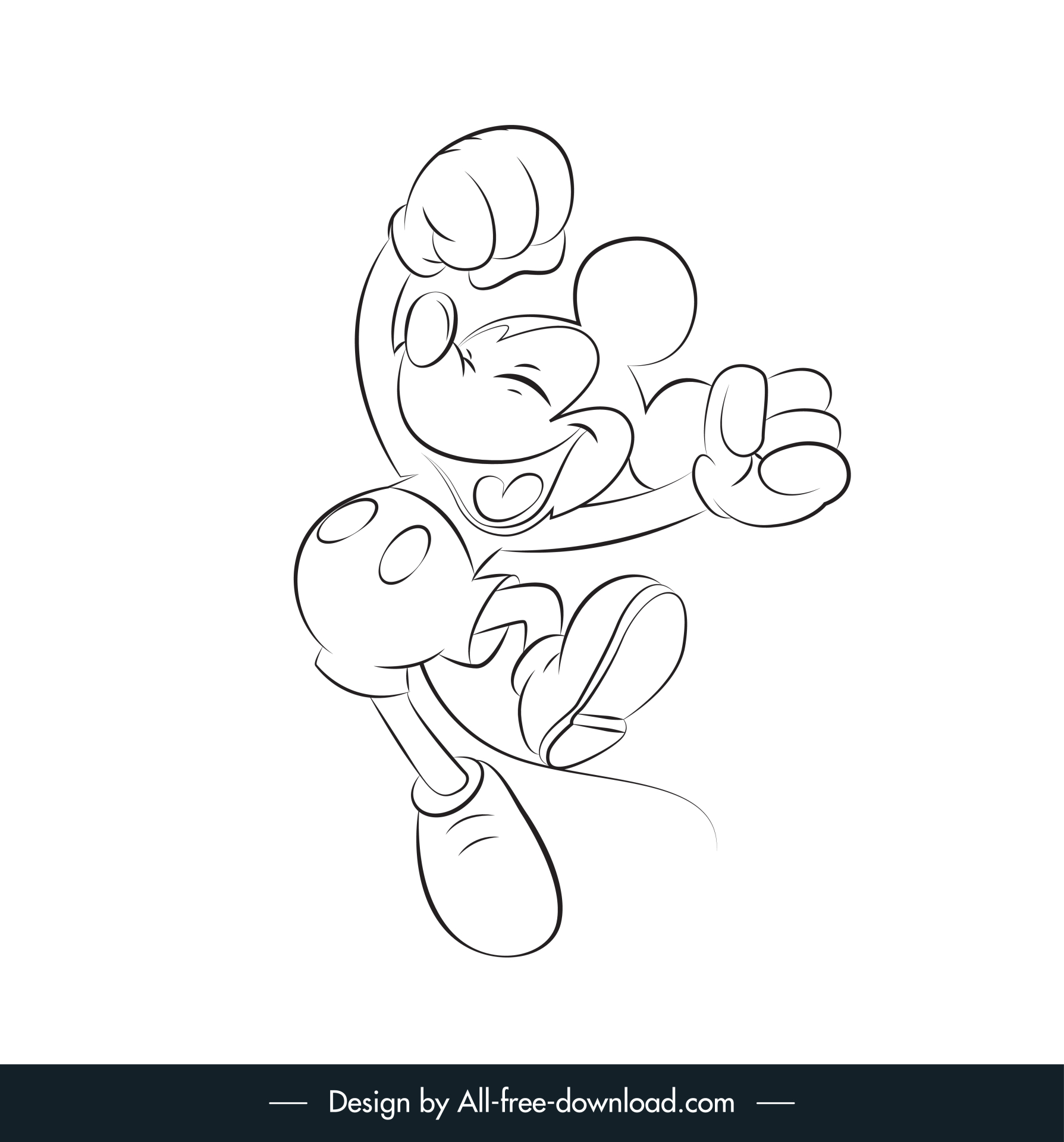 mickey mouse black white handdrawn jumping gesture outline