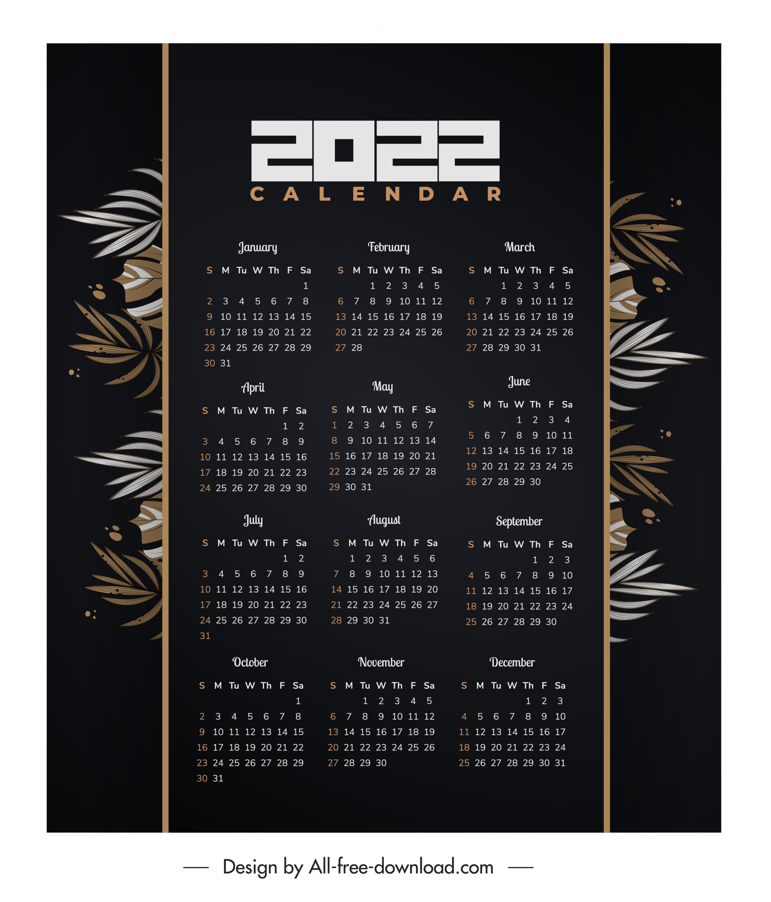 2022 calendar template dark classic design leaves decor