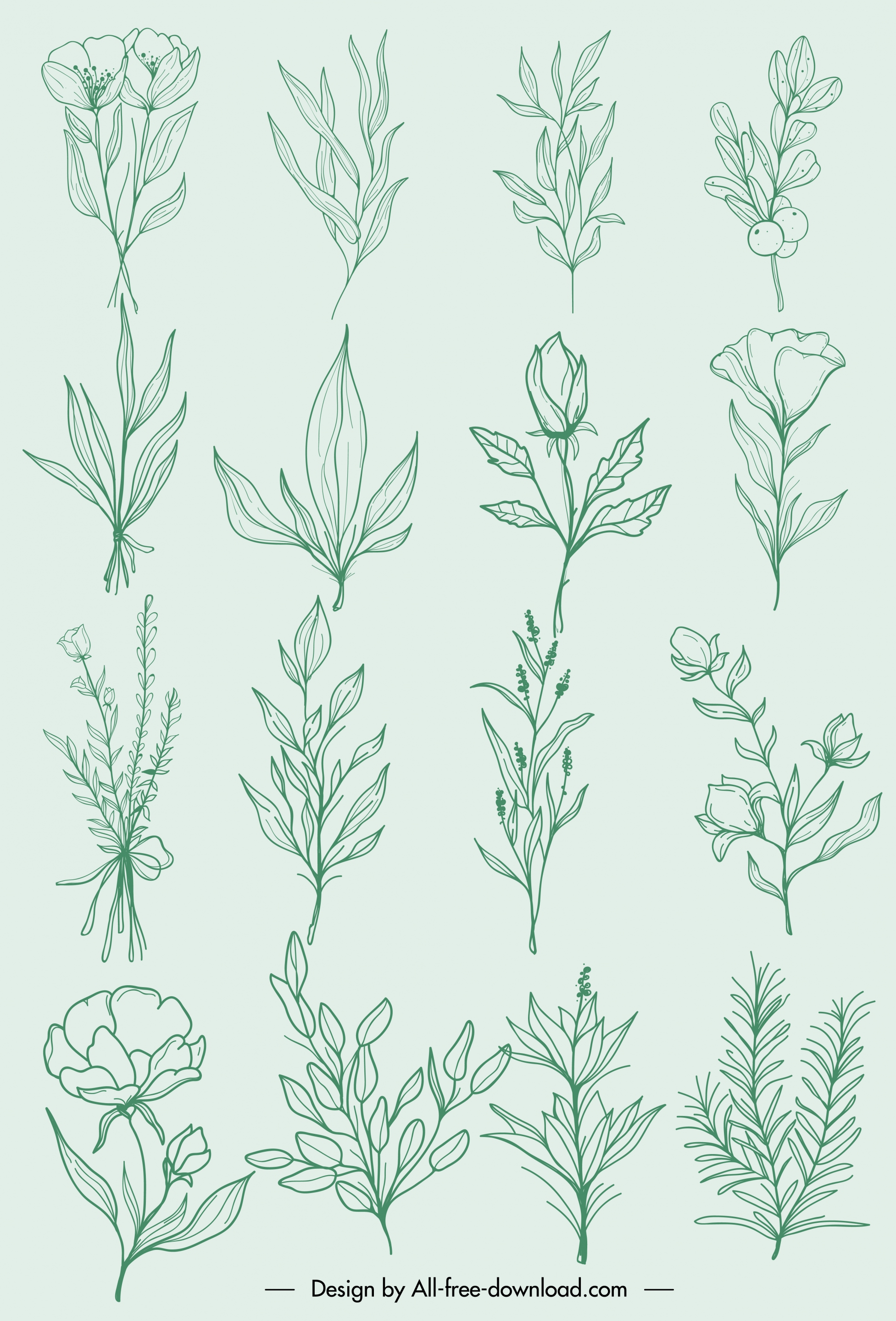 natural plants icons classic handdrawn botany leaf sketch