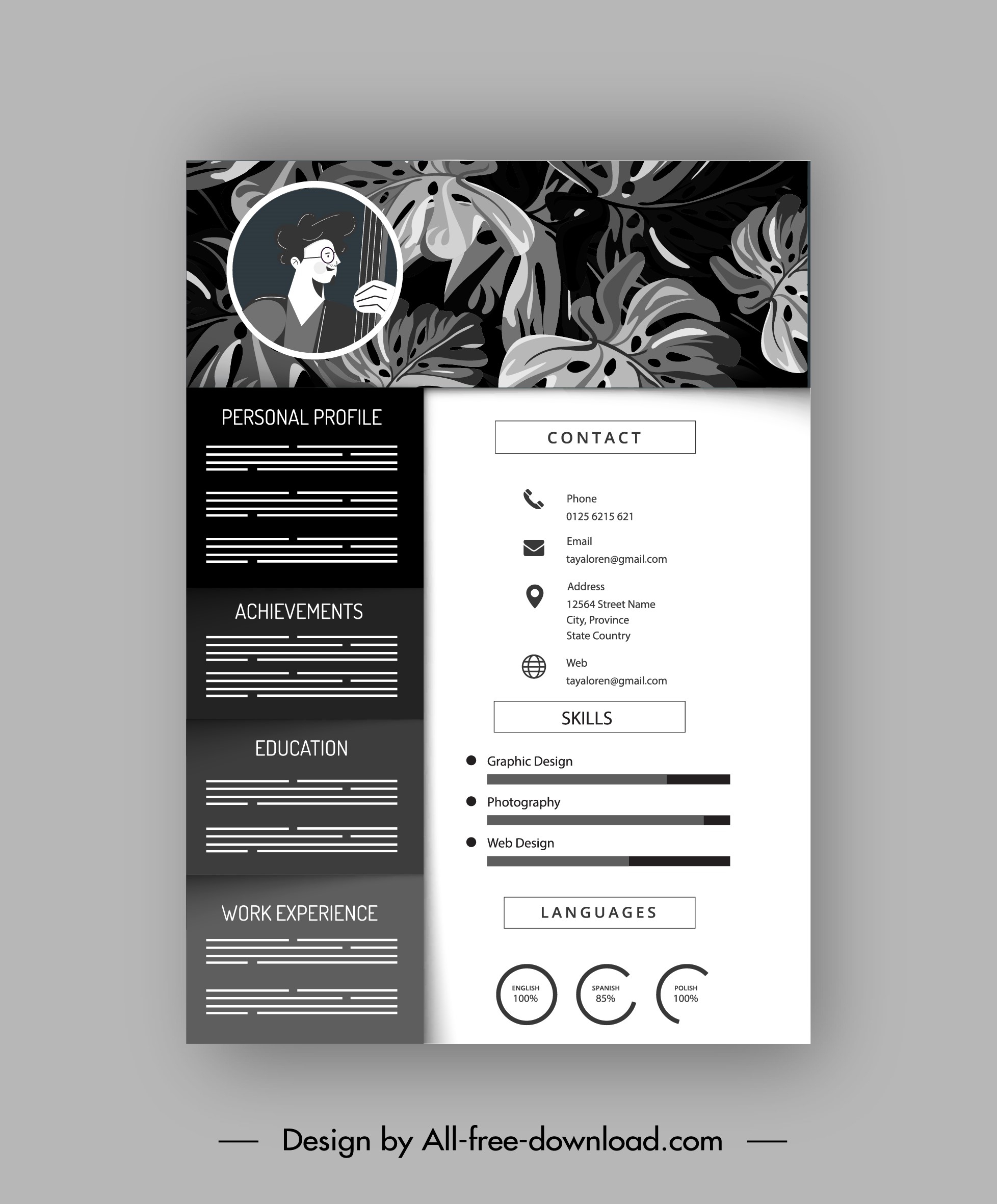 resume template retro black white leaves decor