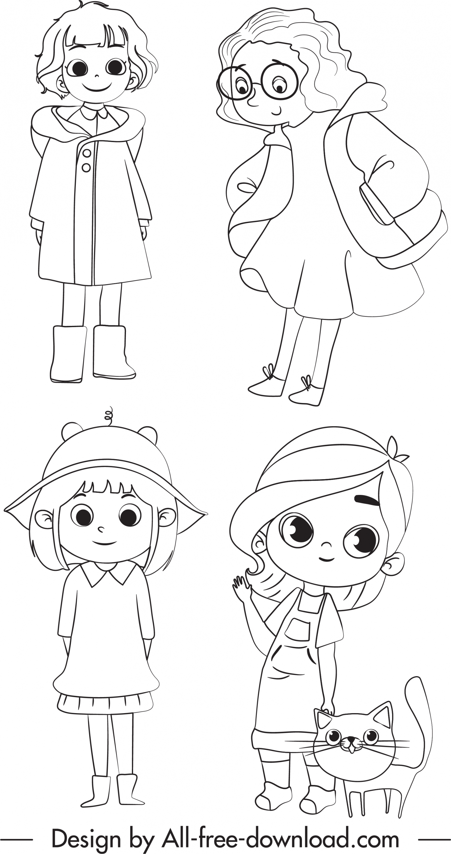 childhood icons cute girls sketch handdrawn cartoon