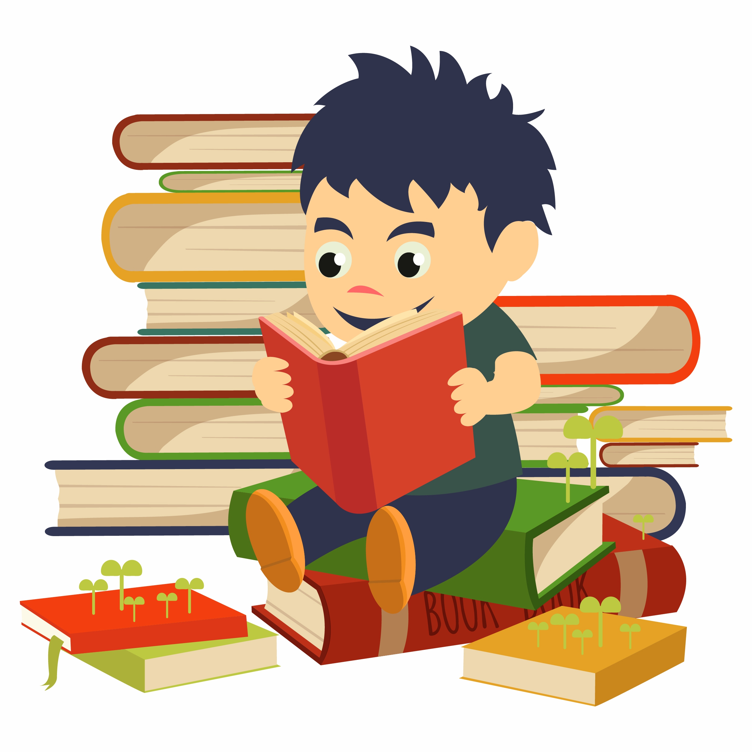 study background boy book stack icons multicolored cartoon