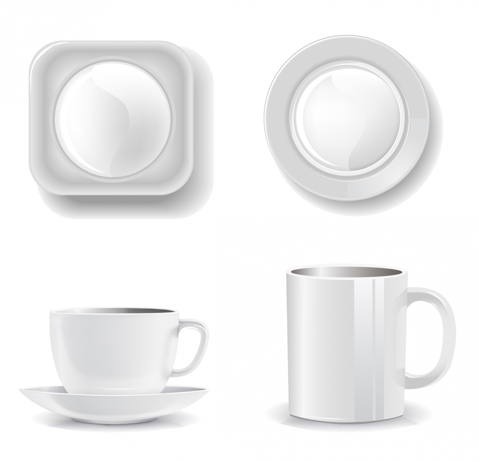 Empty cups and plates on a white