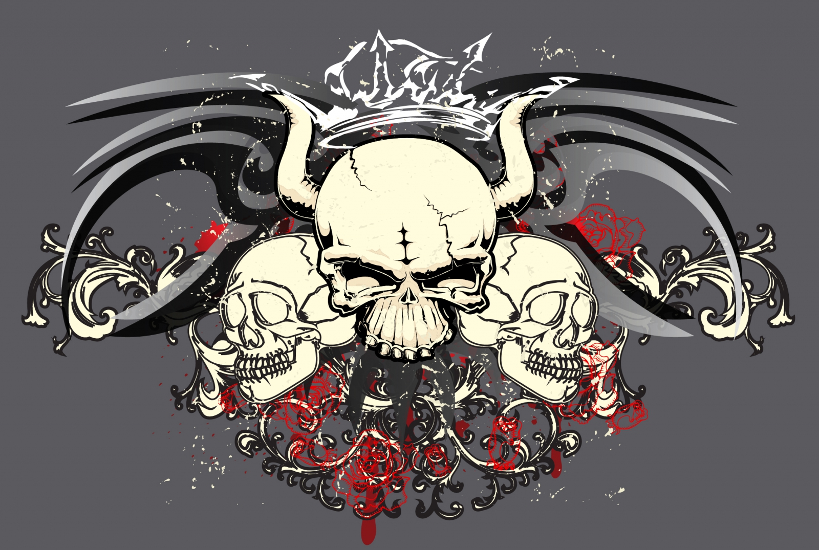 three skulls with wings and floral background 