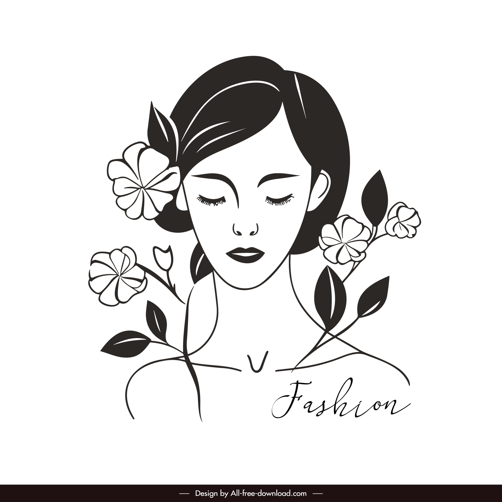 girl line art design elements black white handdrawn classic