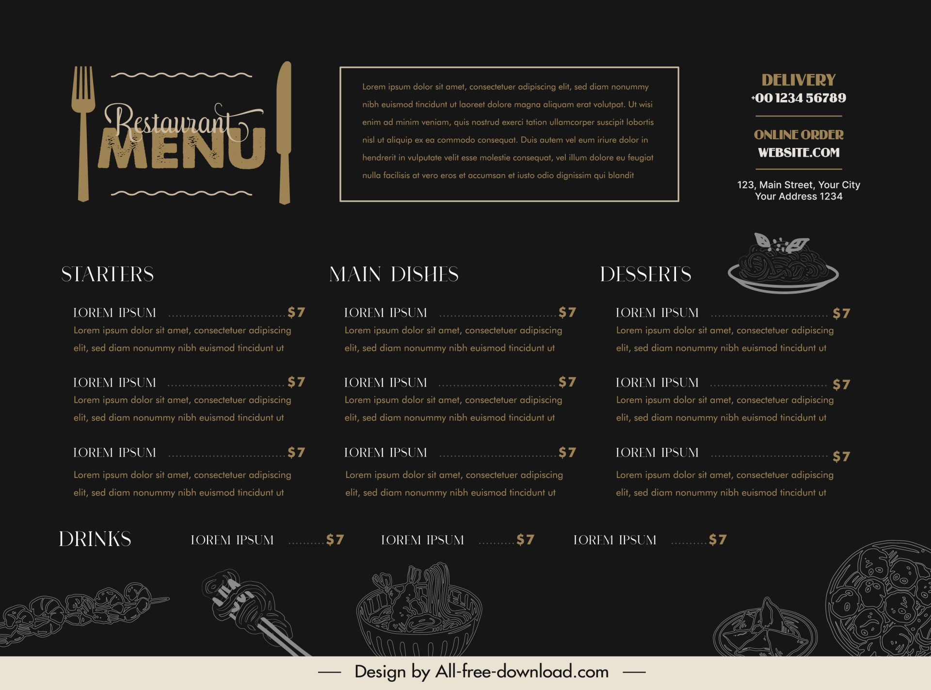 moody food menu template dark flat noodle chopstick 