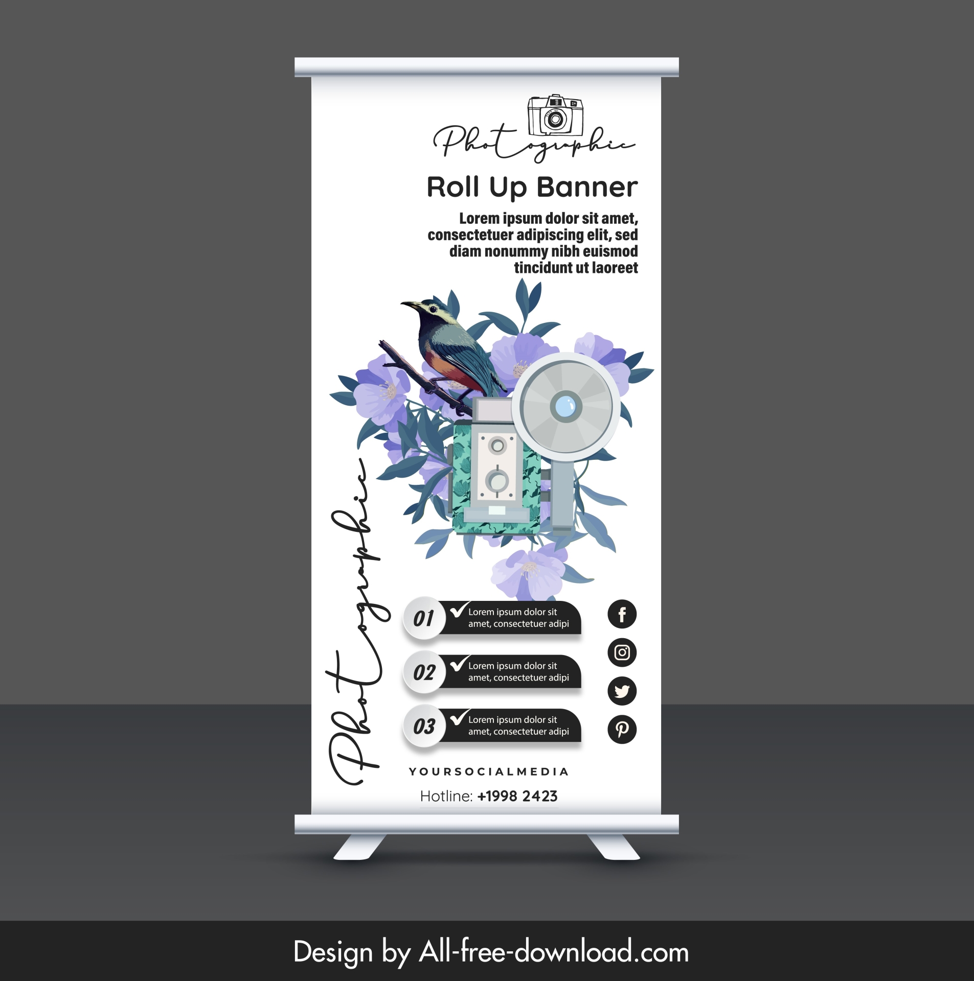 photography roll up banner template elegant flowers bird camera 