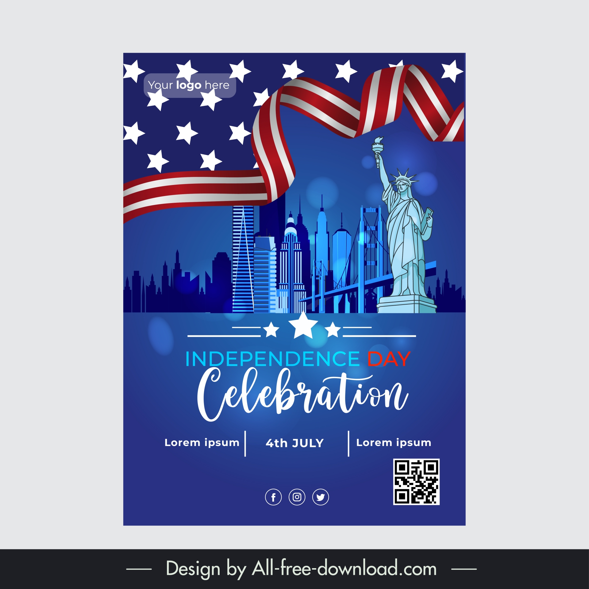 usa  independence day flyer template modern ribbon symbols scene