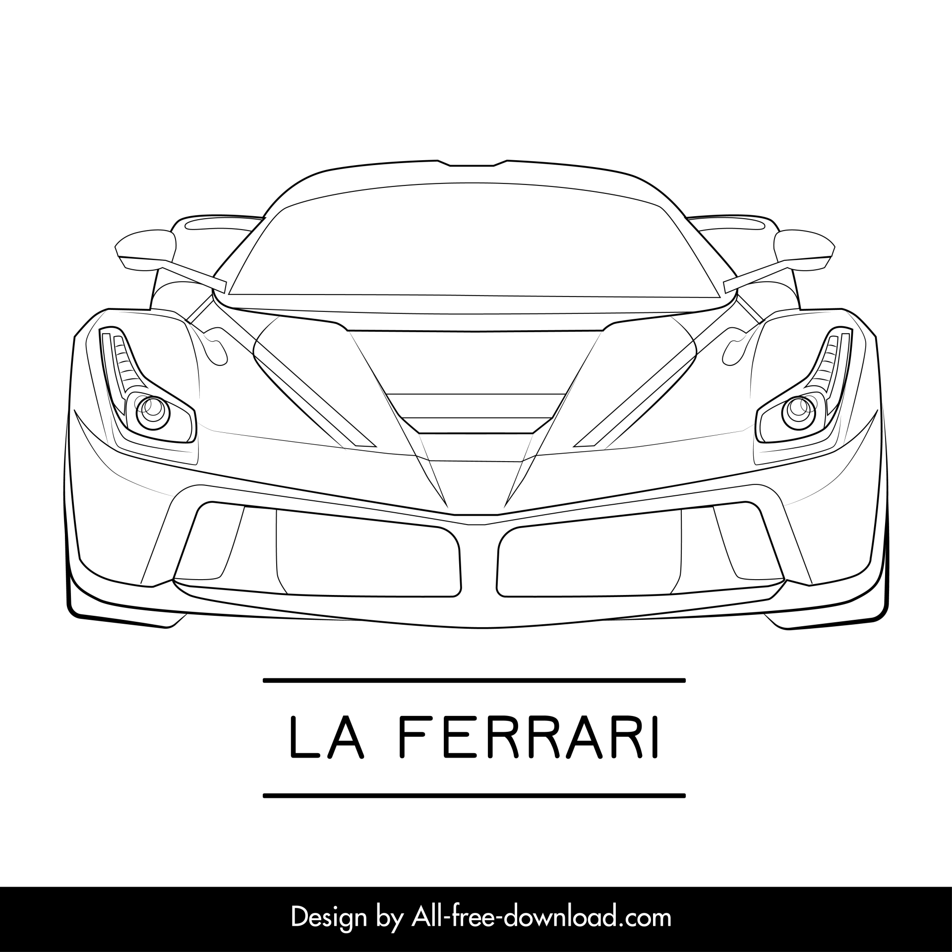 la ferrari car model icon flat black white handdrawn front view outline