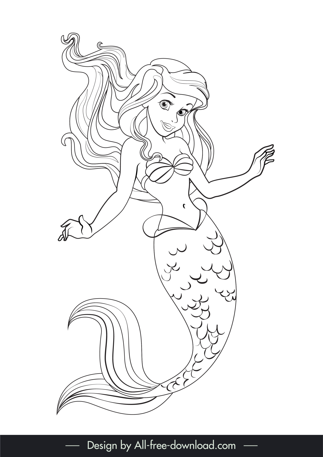 ariel disney character icon black white handdrawn lineart cartoon sketch 