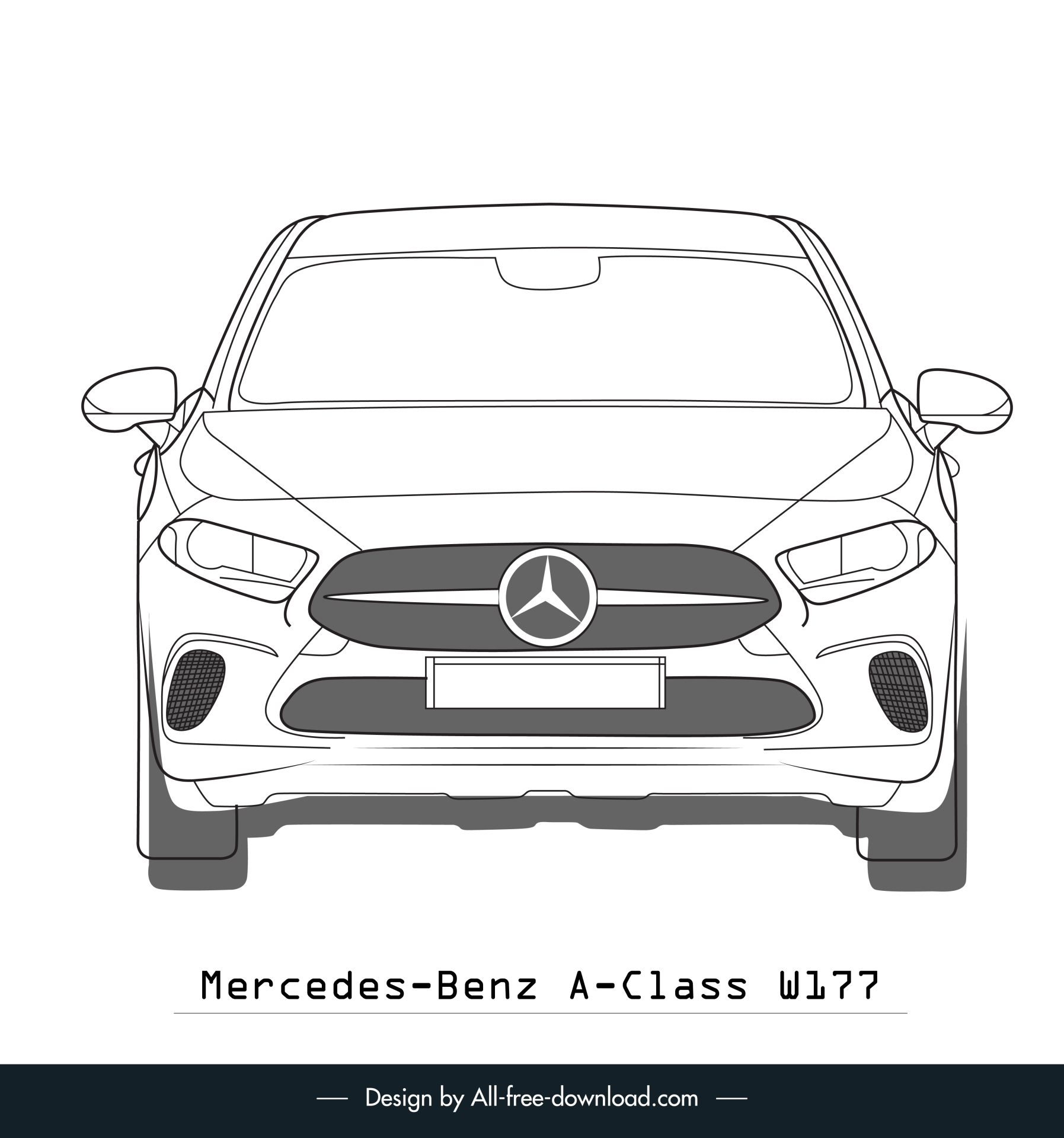 mercedes benz a class w177 car model template flat black white handdrawn front view outline symmetric design