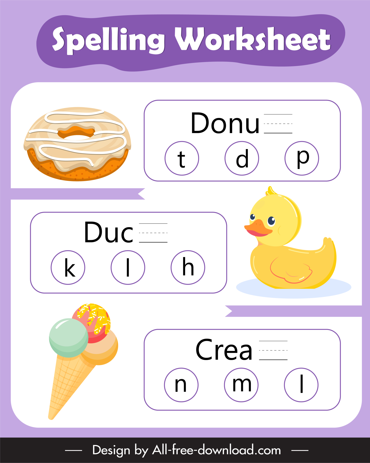 spelling worksheet for kids template flat donut duck ice cream texts blank sketch