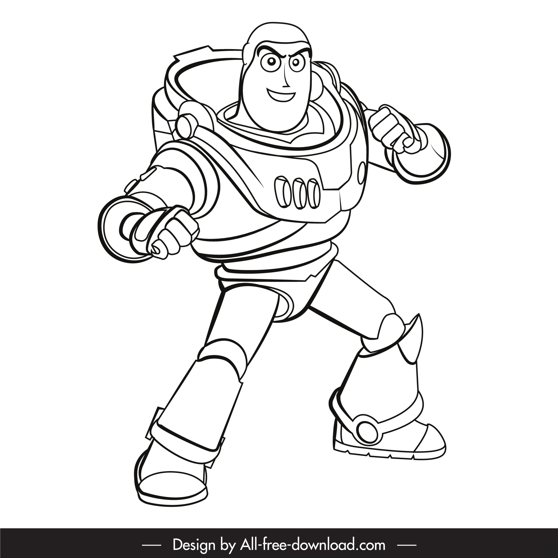 buzz lightyear icon dynamic astronaut sketch black white cartoon character outline 