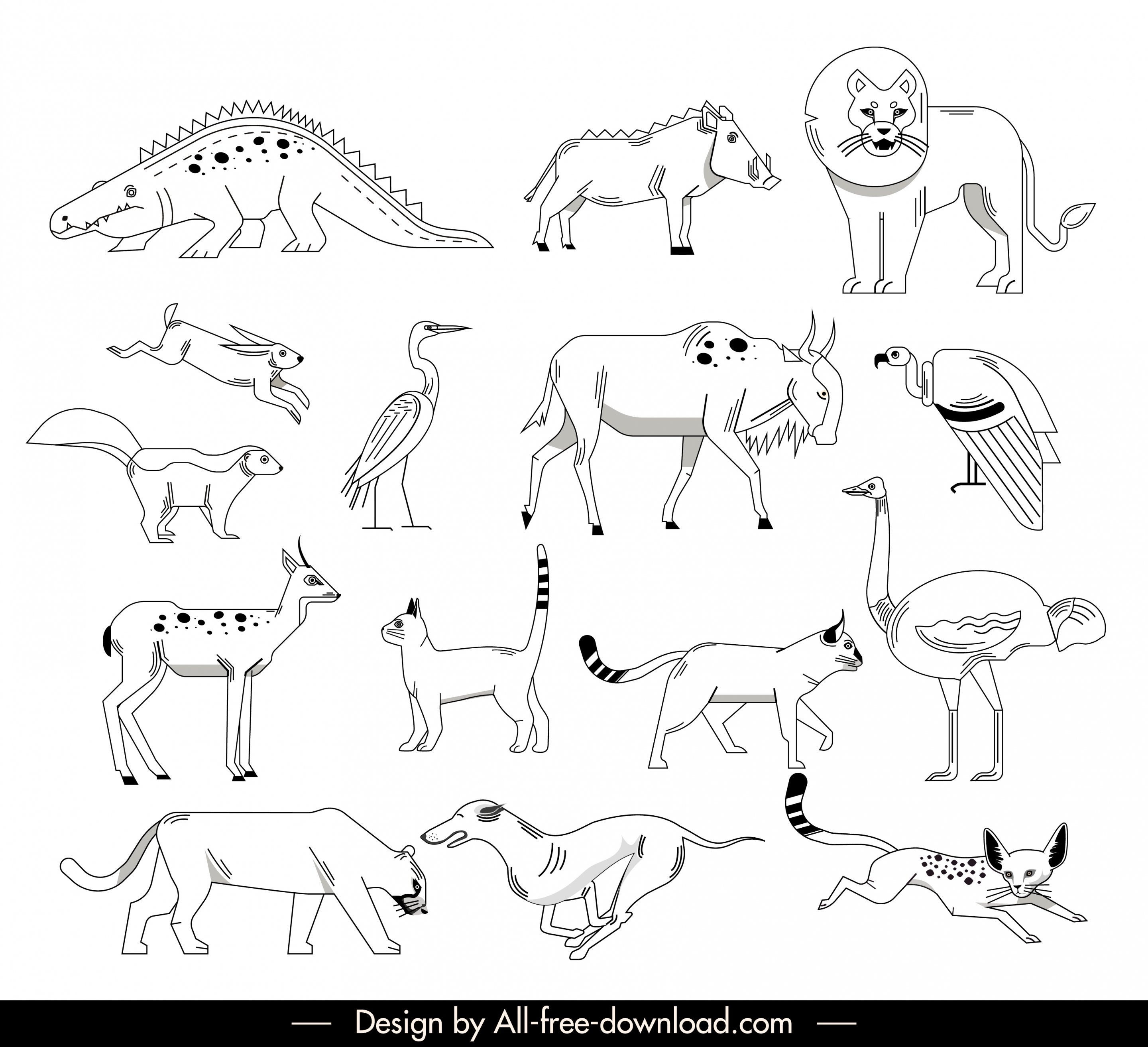 wild animals icons black white handdrawn sketch