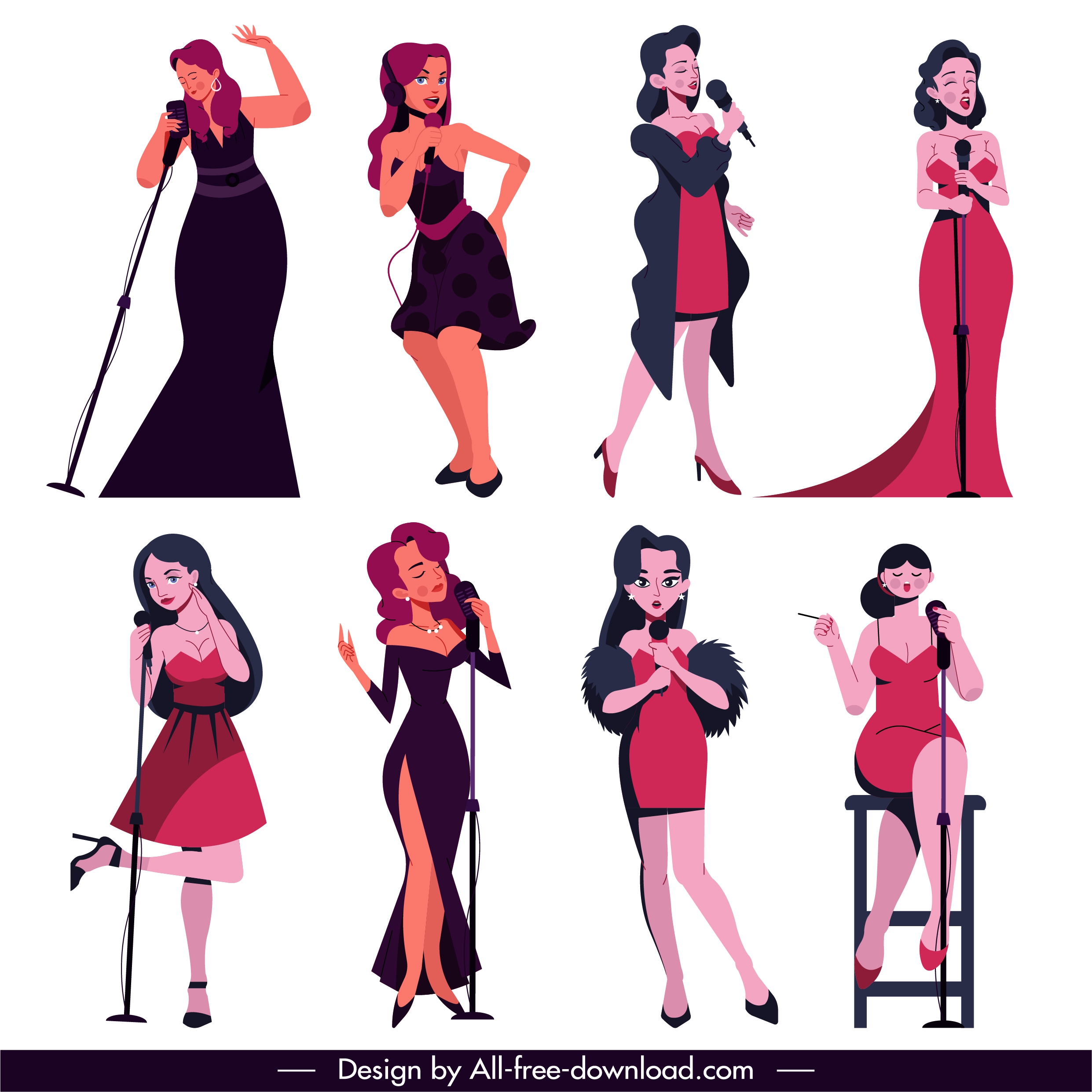 female singers icons performing sketch colored cartoon characters