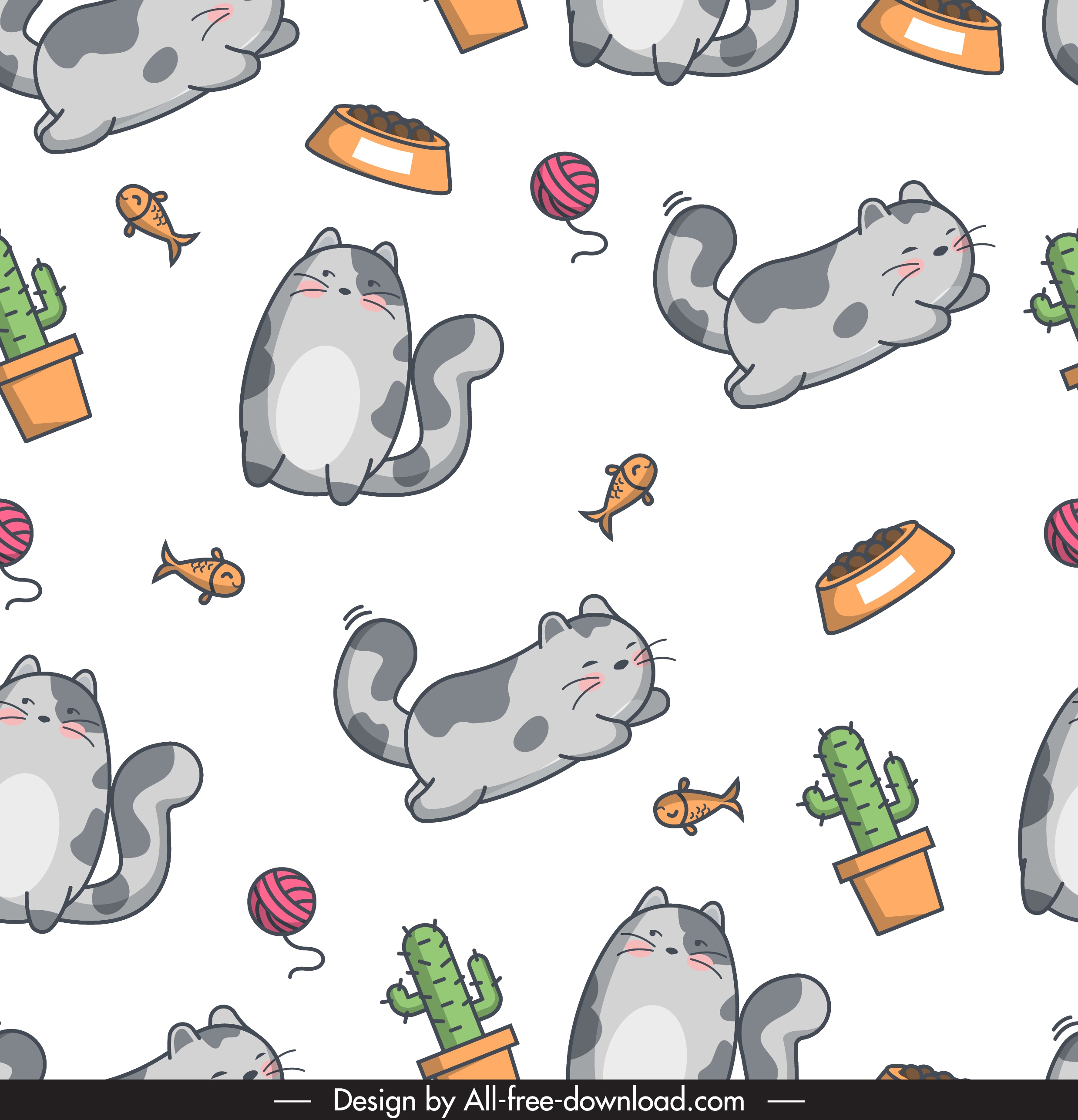 decorative pattern cute cat fish cactus icons sketch