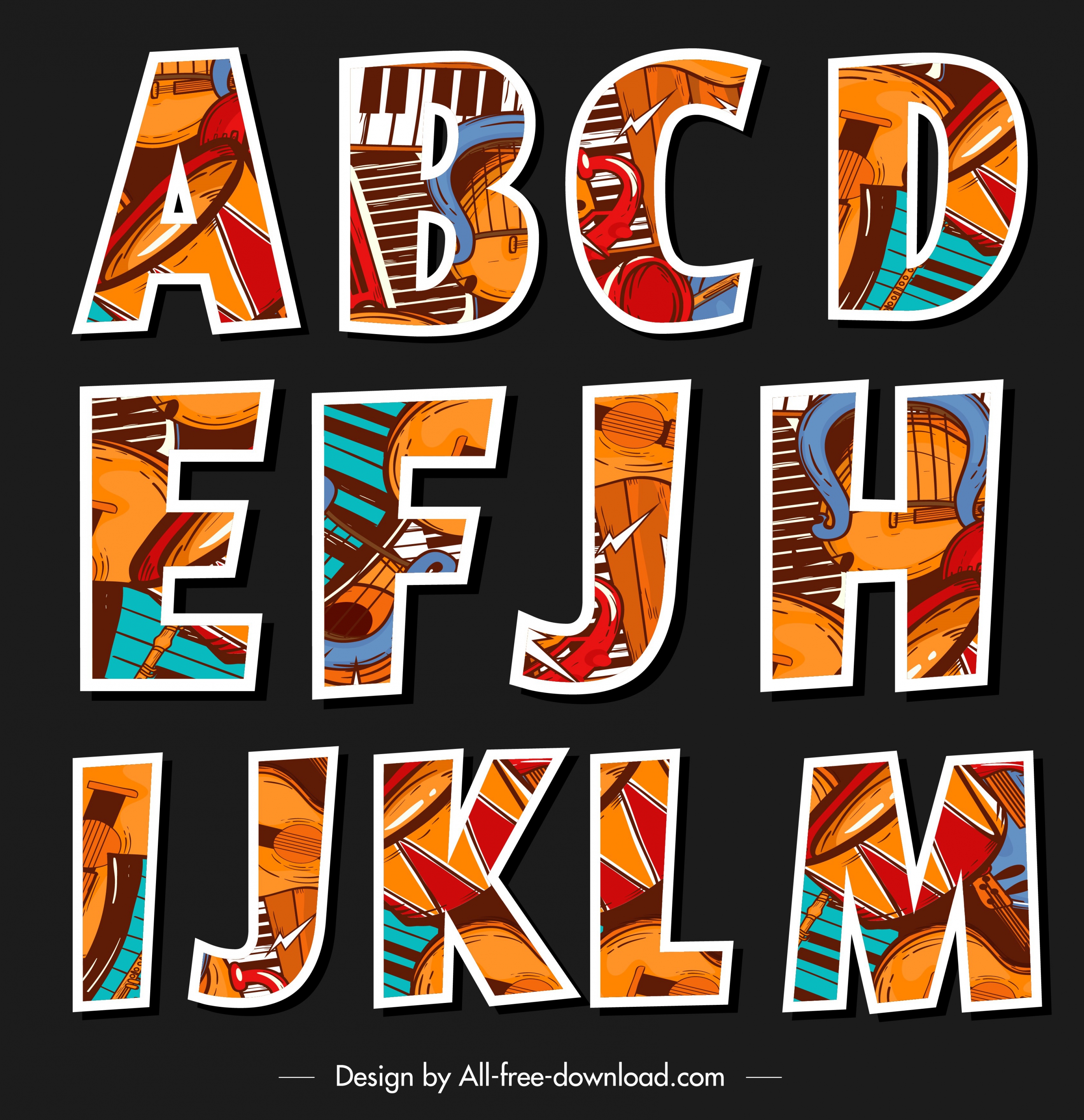 alphabet letters icons flat classical colorful instruments decor