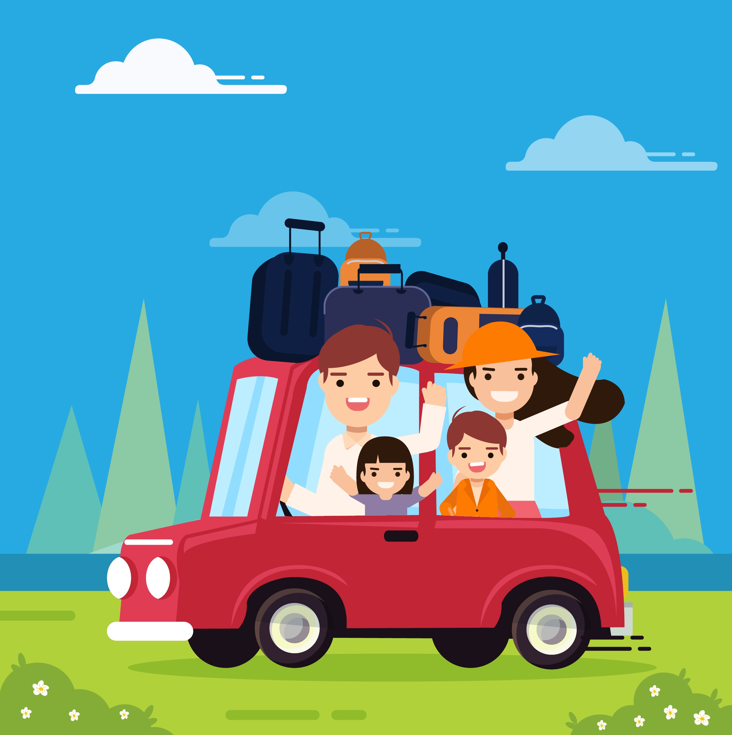 travel background family car luggage icons cartoon design